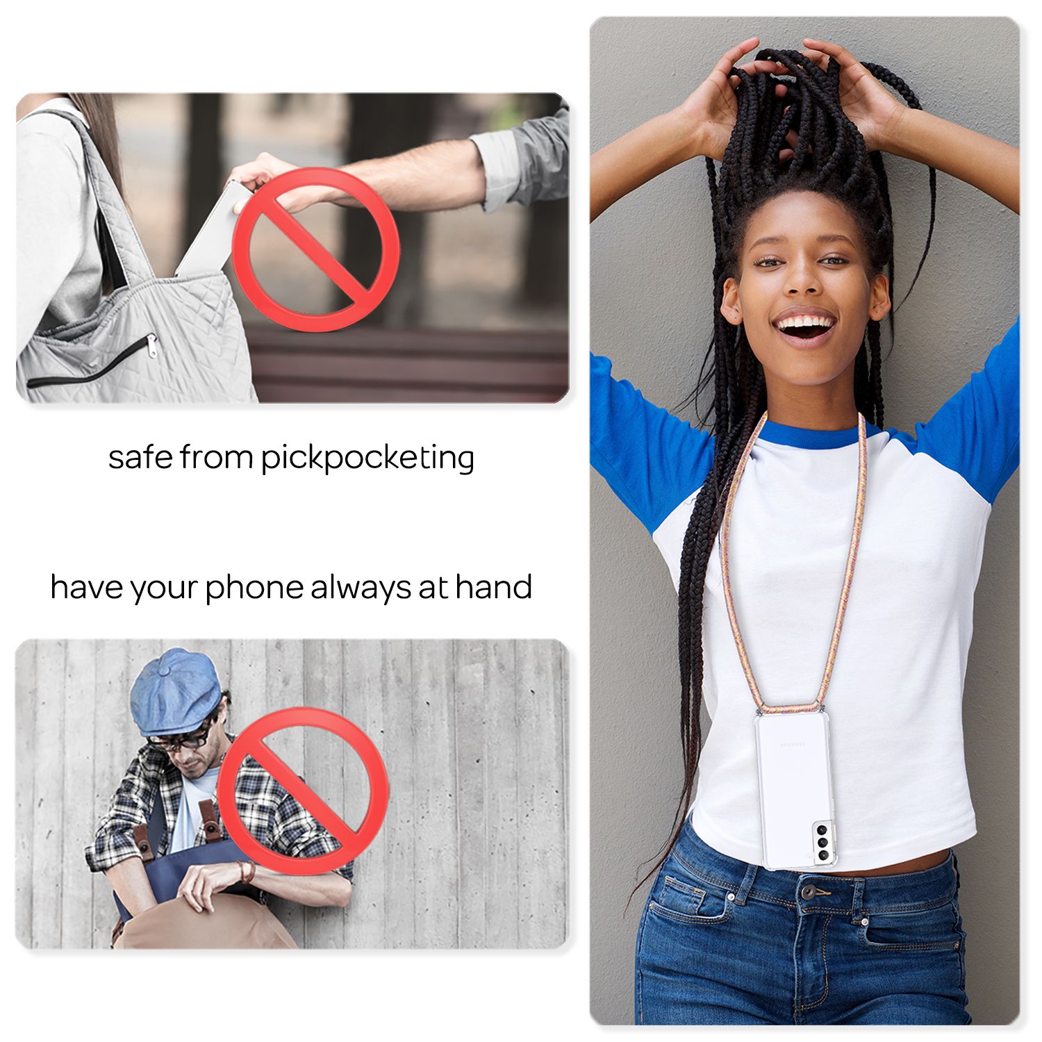 NALIA Klare Handy Hülle mit Kette für Samsung Galaxy S21 Plus, Band Case Cover Regenbogen NALIA Transparente Hülle