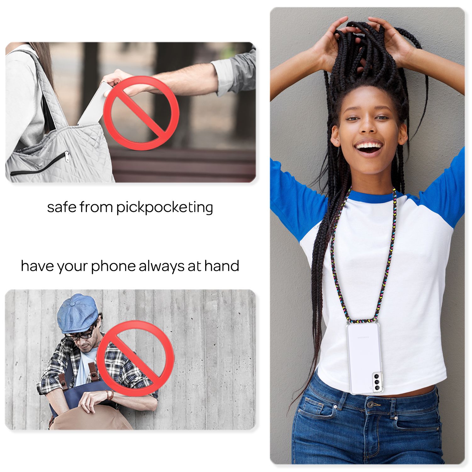 NALIA Klare Handy Hülle mit Kette für Samsung Galaxy S21 Plus, Band Case Cover Schwarz Bunt NALIA Transparente Hülle