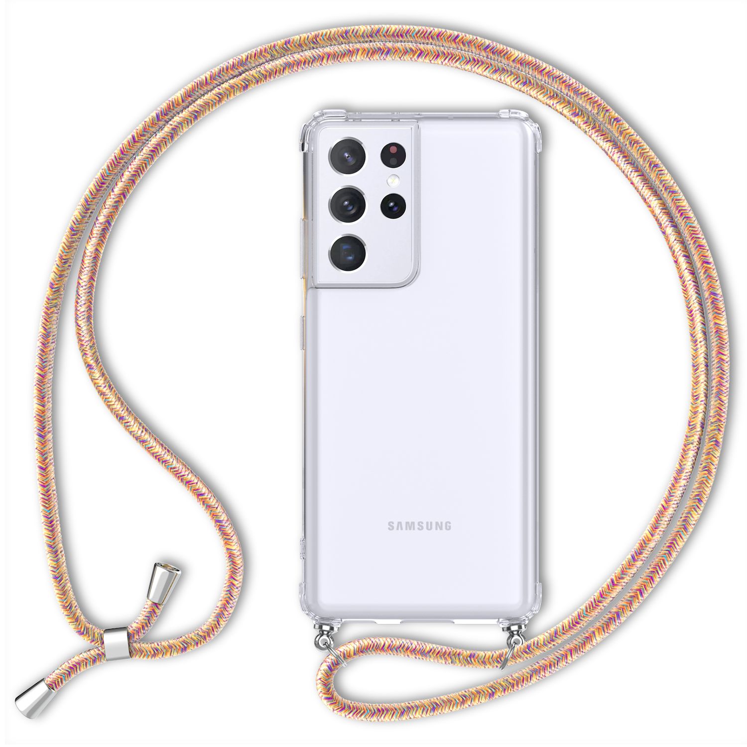 NALIA Klare Handy Hülle mit Kette für Samsung Galaxy S21 Ultra, Band Case Cover Regenbogen NALIA Transparente Hülle