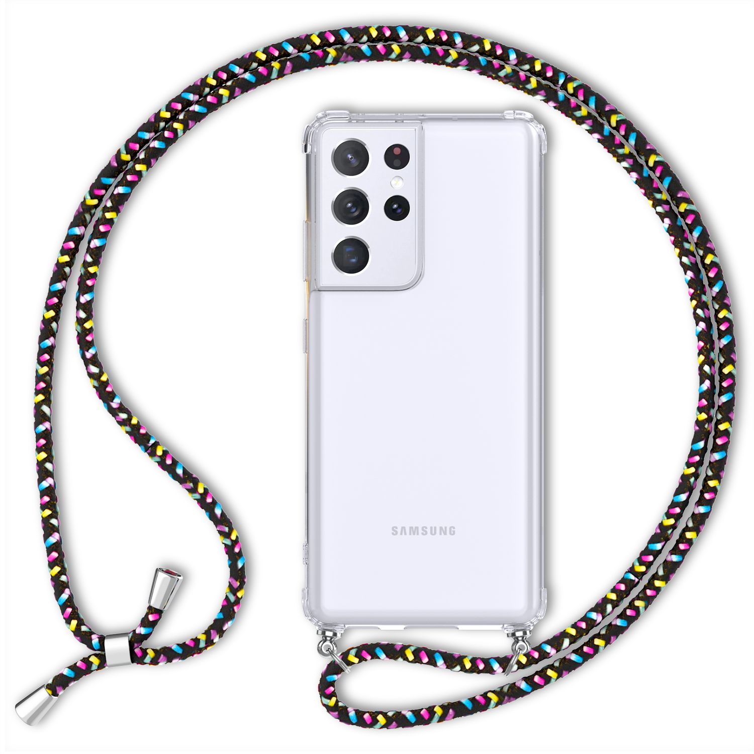 NALIA Klare Handy Hülle mit Kette für Samsung Galaxy S21 Ultra, Band Case Cover Schwarz Bunt NALIA Transparente Hülle