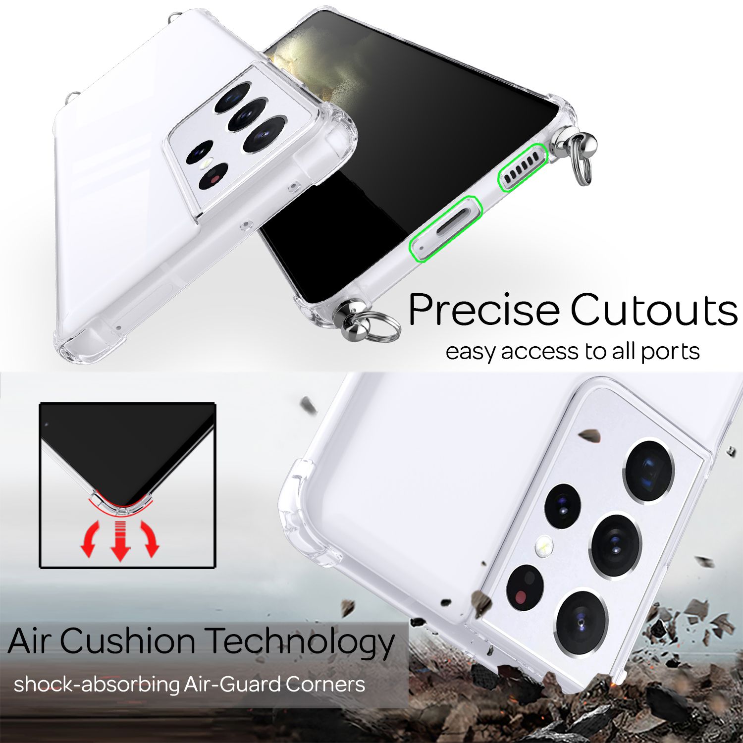 NALIA Klare Handy Hülle mit Kette für Samsung Galaxy S21 Ultra, Band Case Cover Schwarz Bunt NALIA Transparente Hülle