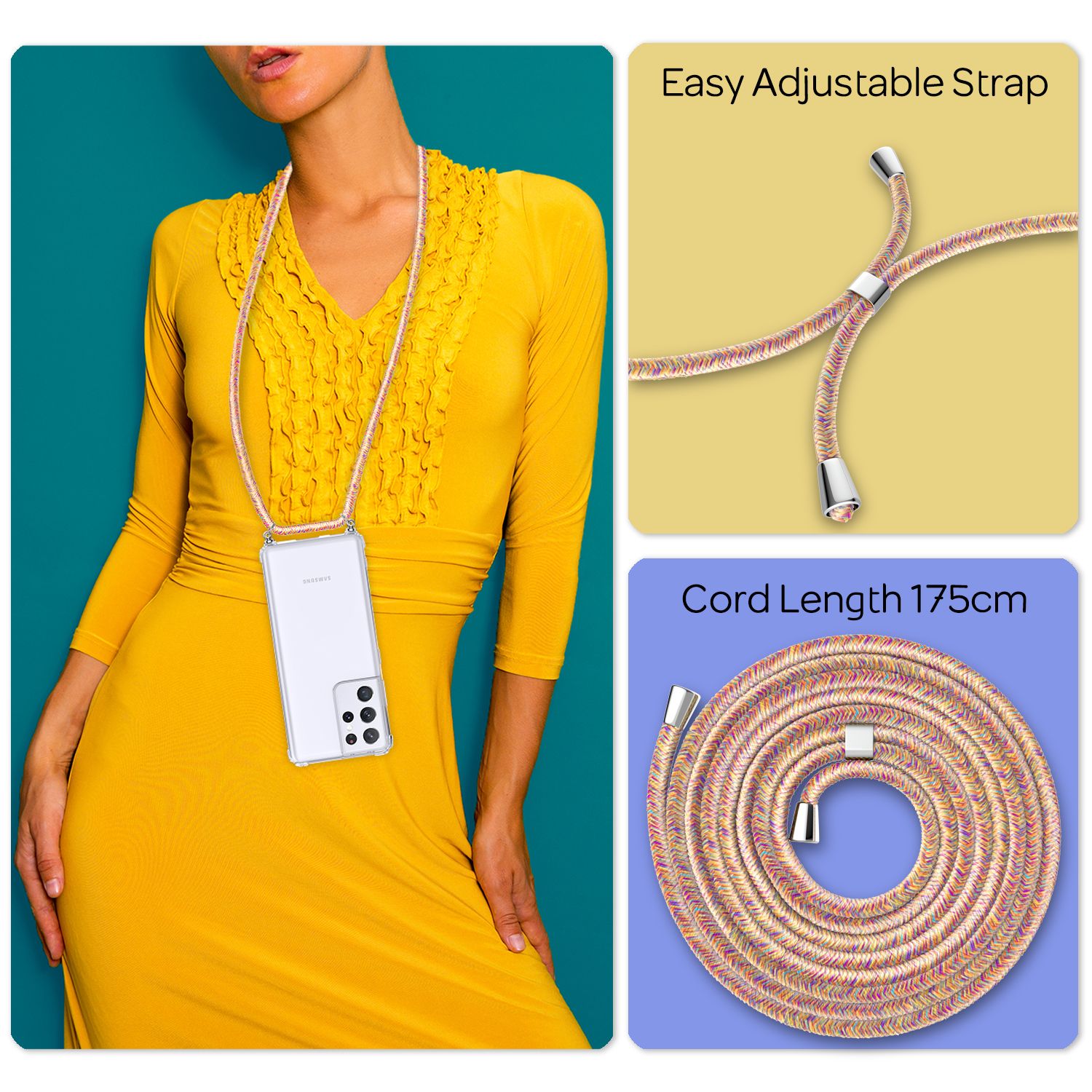 NALIA Klare Handy Hülle mit Kette für Samsung Galaxy S21 Ultra, Band Case Cover Regenbogen NALIA Transparente Hülle