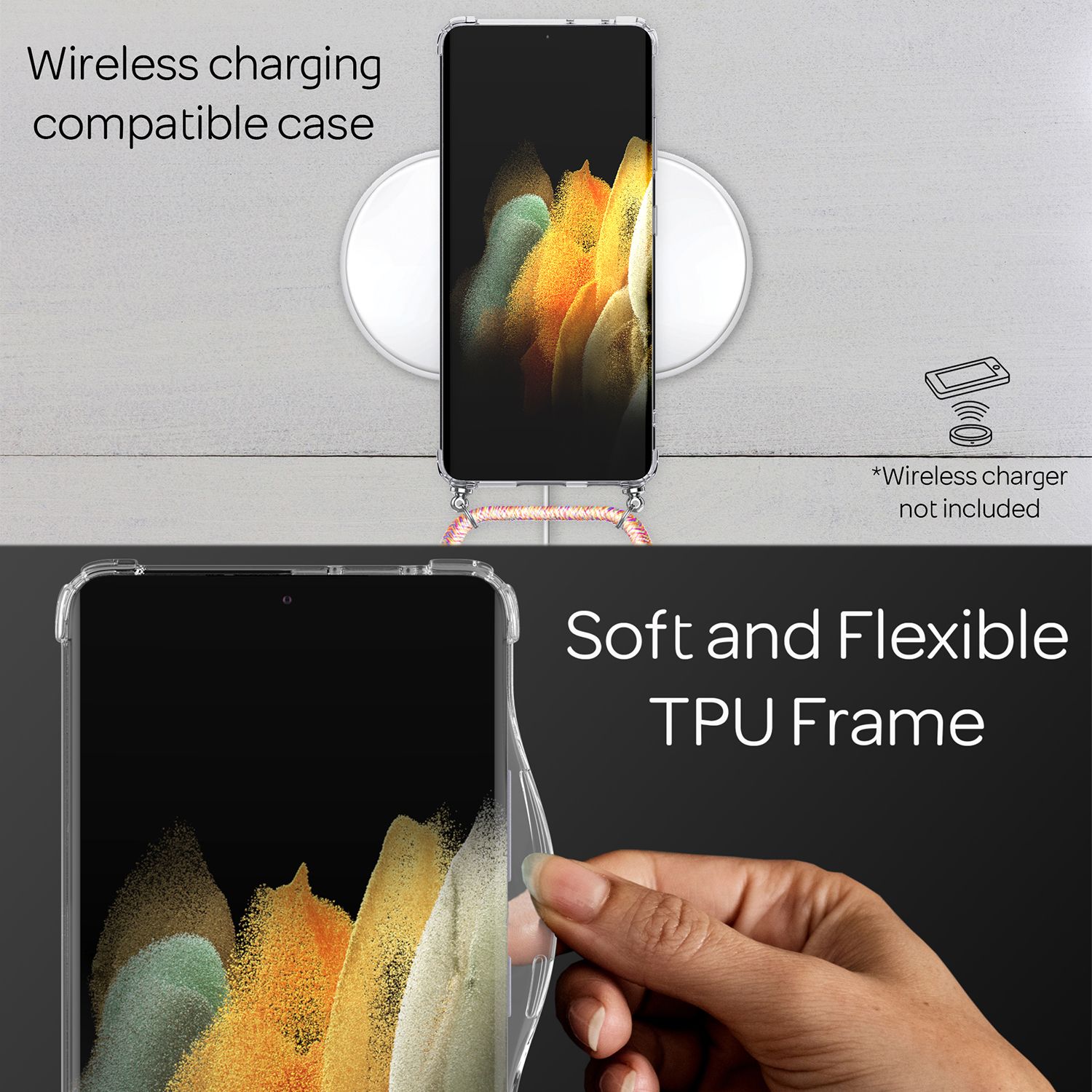NALIA Klare Handy Hülle mit Kette für Samsung Galaxy S21 Ultra, Band Case Cover Regenbogen NALIA Transparente Hülle