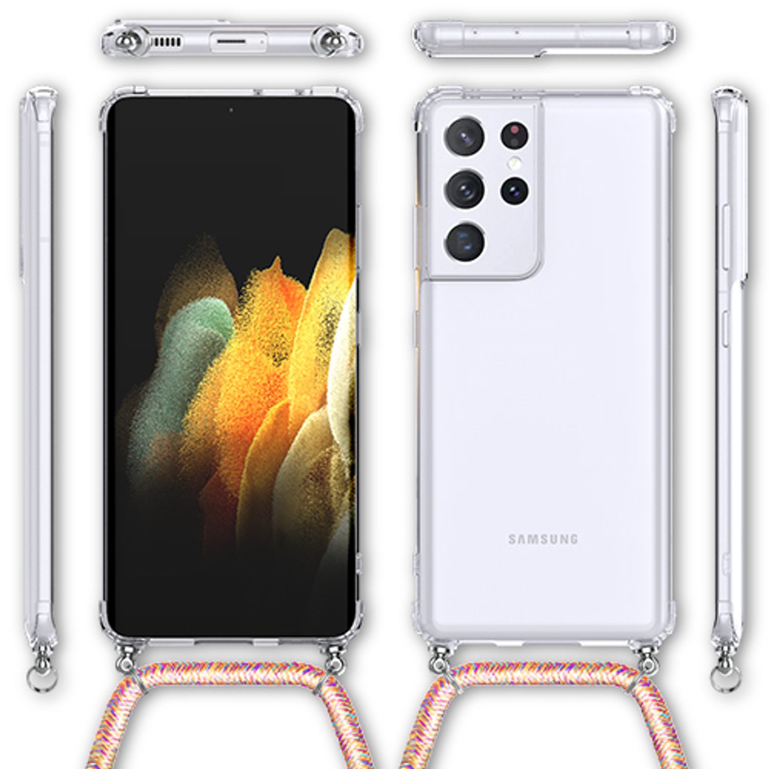 NALIA Klare Handy Hülle mit Kette für Samsung Galaxy S21 Ultra, Band Case Cover Regenbogen NALIA Transparente Hülle