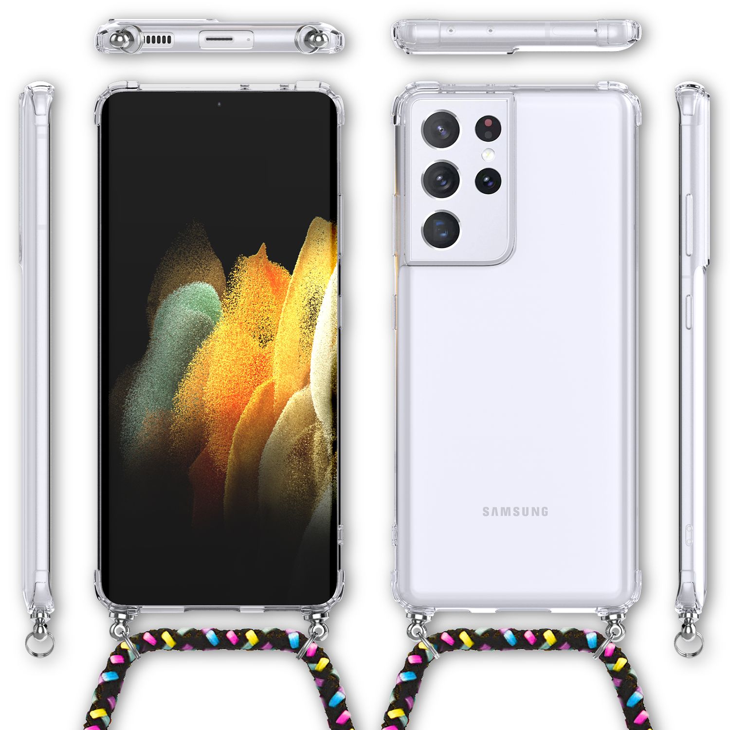 NALIA Klare Handy Hülle mit Kette für Samsung Galaxy S21 Ultra, Band Case Cover Schwarz Bunt NALIA Transparente Hülle