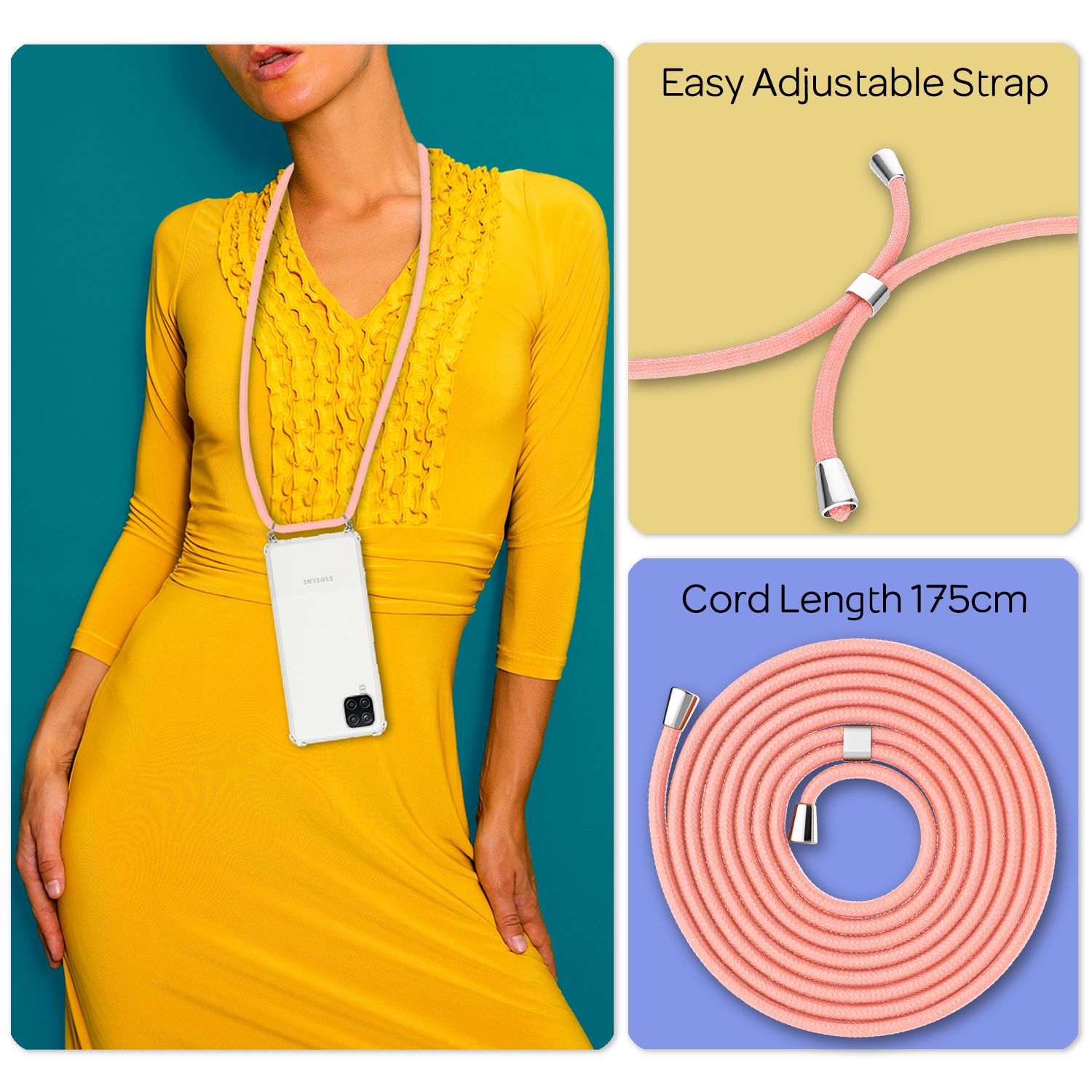 NALIA Klare Handy Hülle mit Kette für Samsung Galaxy A12, Band Case Schnur Cover Pink NALIA Transparente Hülle