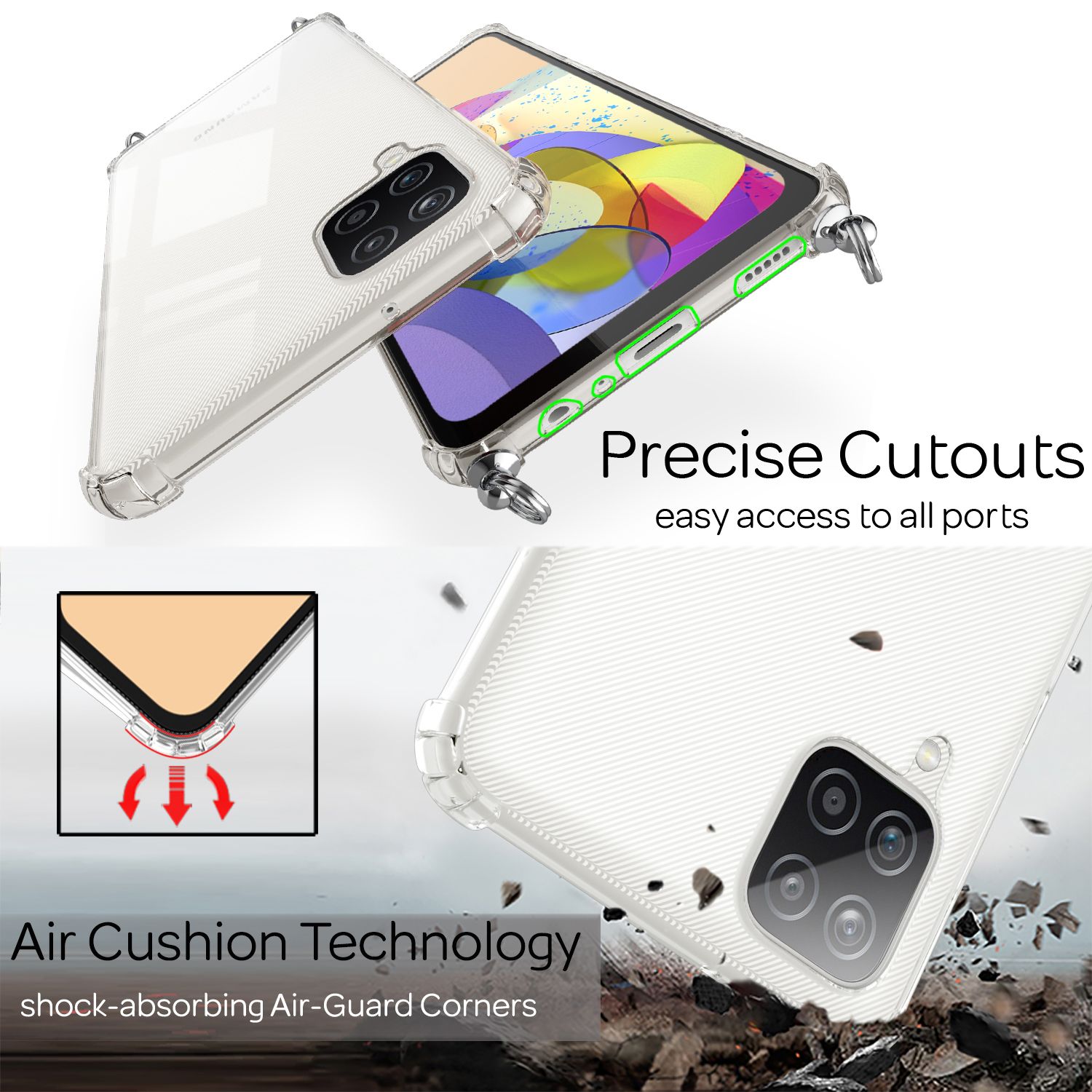 NALIA Klare Handy Hülle mit Kette für Samsung Galaxy A12, Band Case Schnur Cover Regenbogen NALIA Transparente Hülle