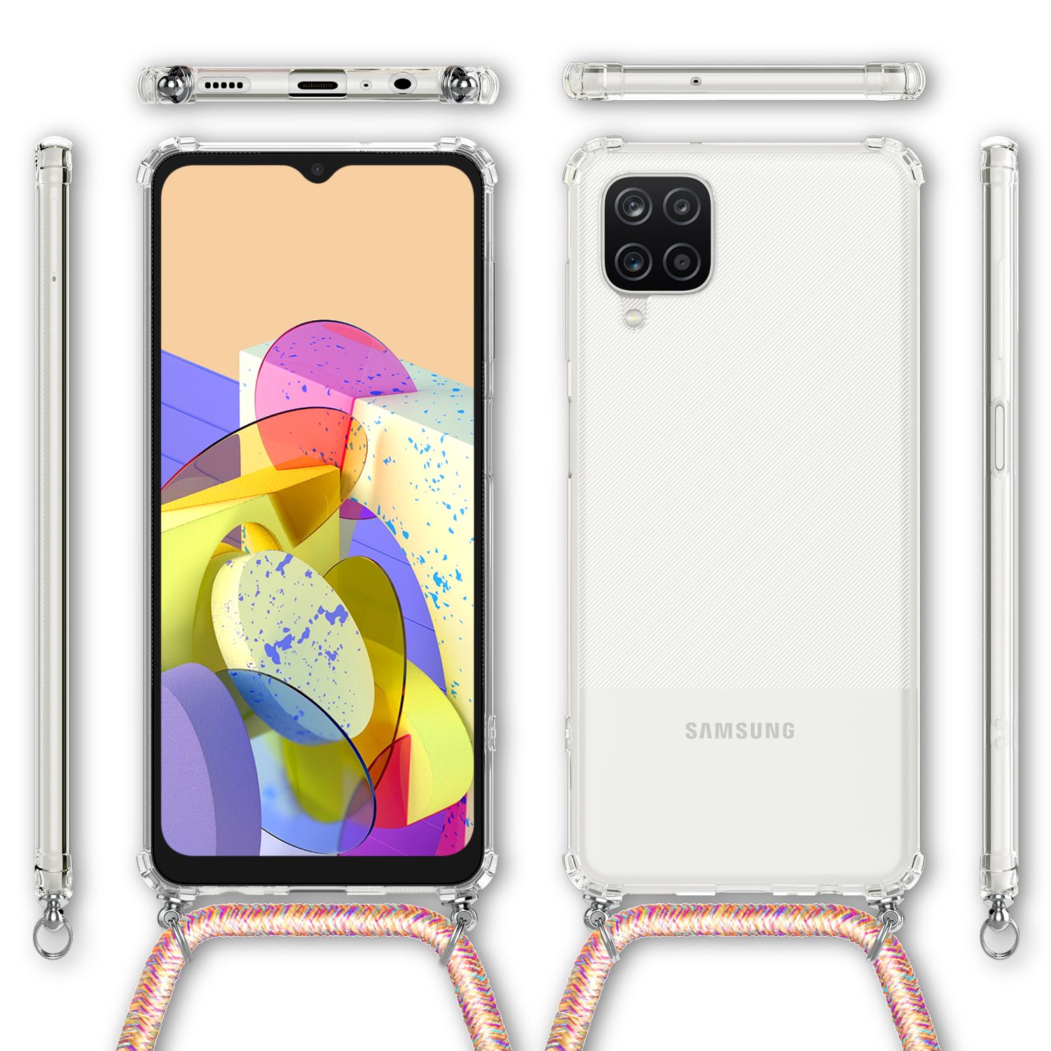 NALIA Klare Handy Hülle mit Kette für Samsung Galaxy A12, Band Case Schnur Cover Regenbogen NALIA Transparente Hülle