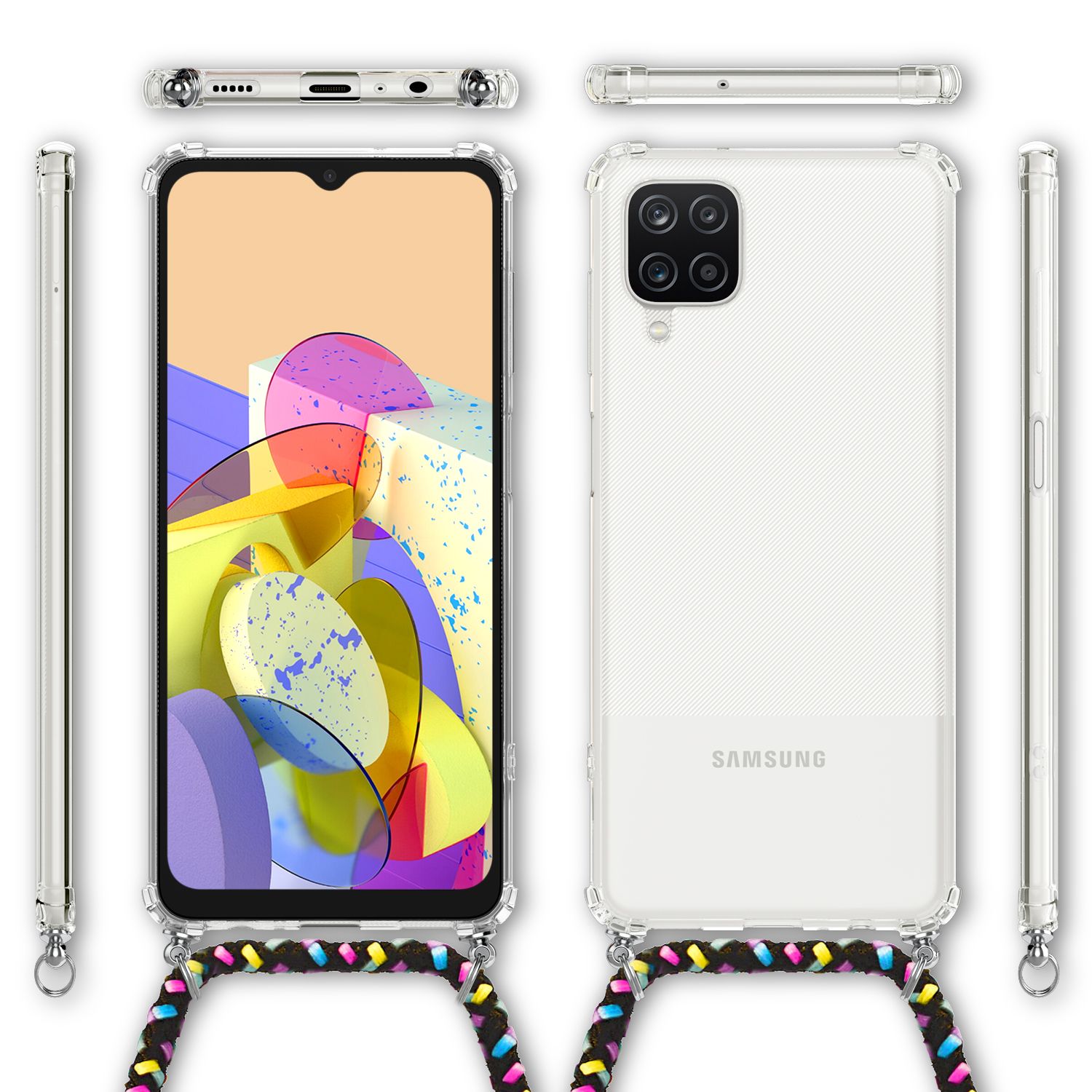 NALIA Klare Handy Hülle mit Kette für Samsung Galaxy A12, Band Case Schnur Cover Schwarz Bunt NALIA Transparente Hülle