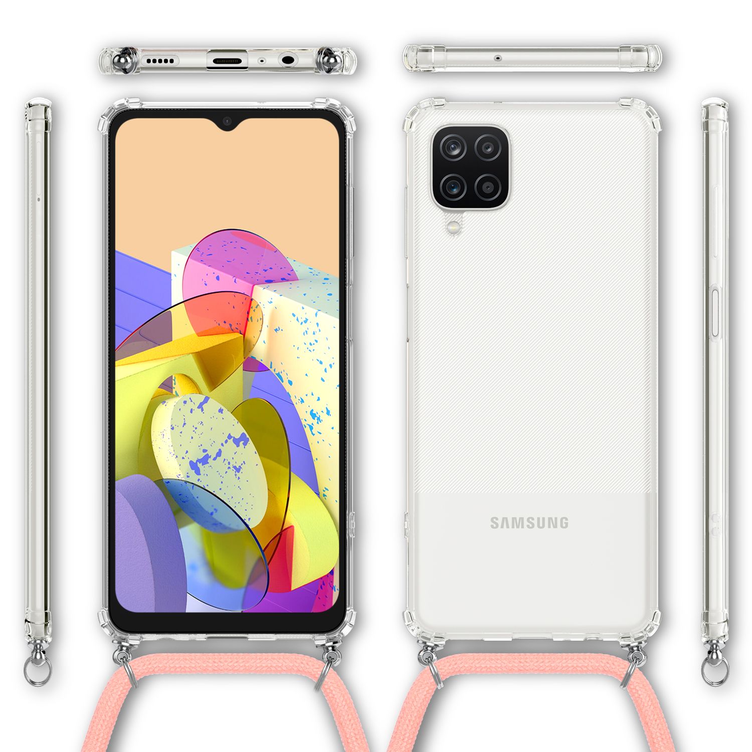 NALIA Klare Handy Hülle mit Kette für Samsung Galaxy A12, Band Case Schnur Cover Pink NALIA Transparente Hülle