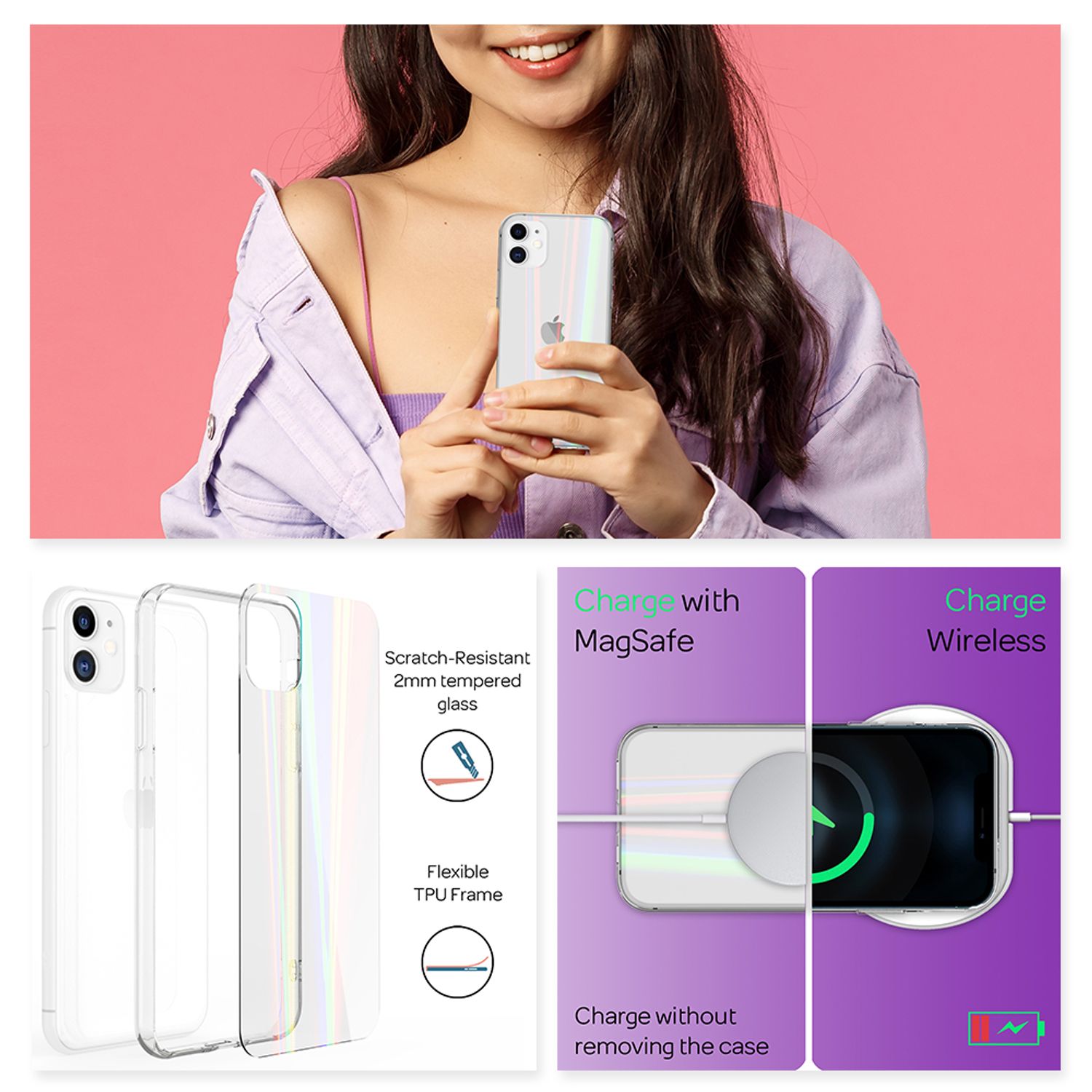 NALIA iPhone 12 / 12 Pro - Klare Hart Glas Handy Hülle Regenbogen Case Kratzfest Transparent NALIA Protective Hülle