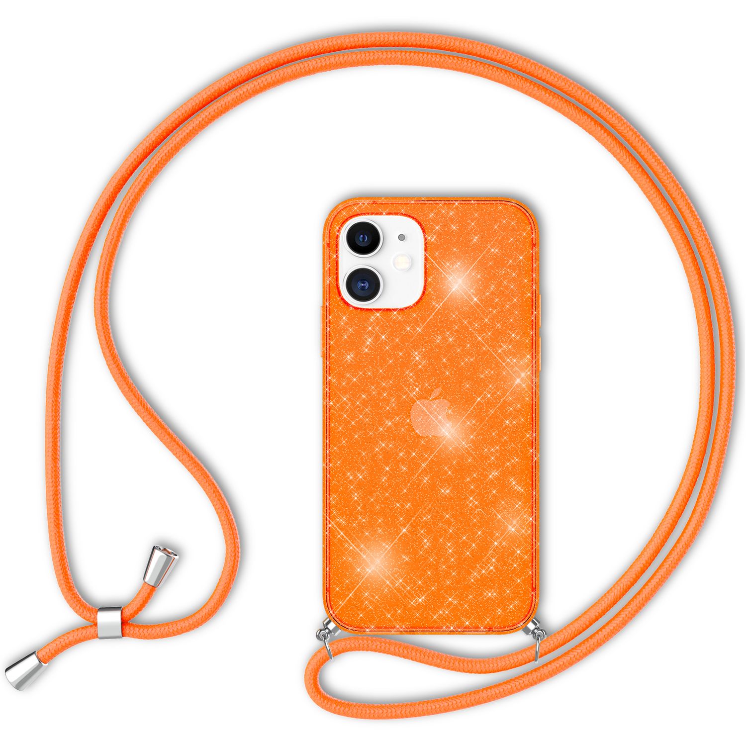 NALIA Glitzer Hülle mit Kette für iPhone 12 mini, Glitter Case Kordel Bling Etui Orange Glitzer NALIA Transparente Hülle