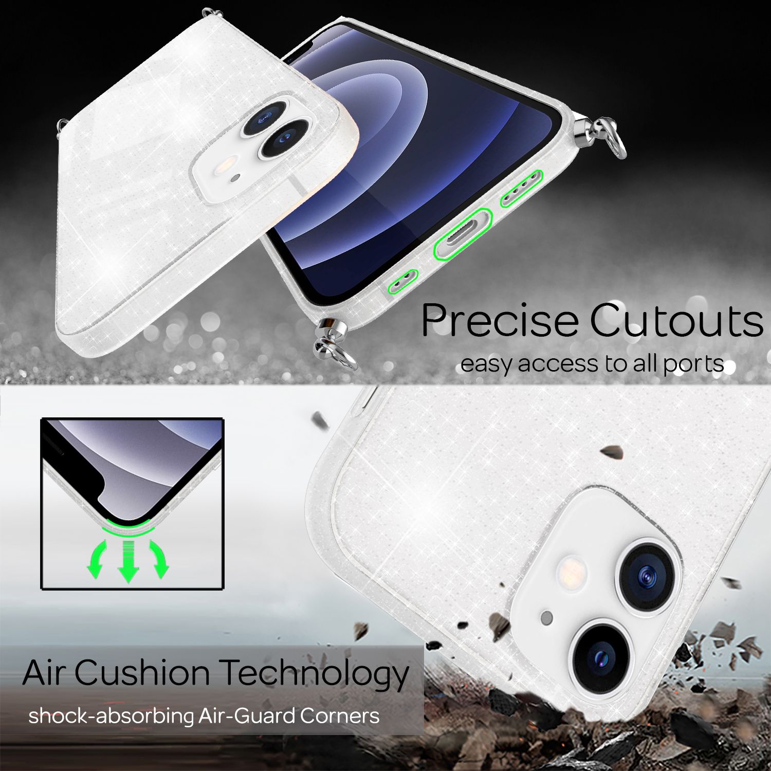 NALIA Glitzer Hülle mit Kette für iPhone 12 mini, Glitter Case Kordel Bling Etui Transparent Glitzer NALIA Transparente Hülle