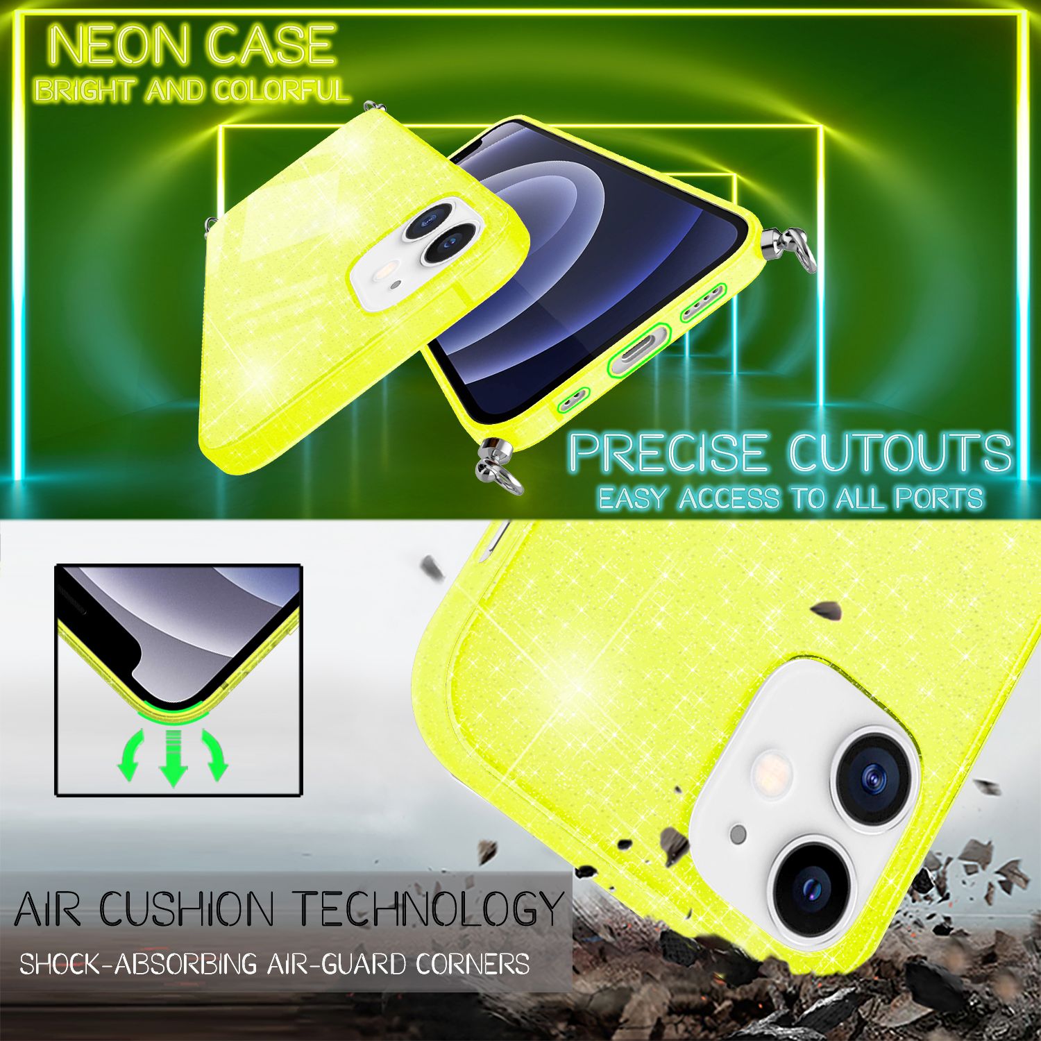 NALIA Glitzer Hülle mit Kette für iPhone 12 mini, Glitter Case Kordel Bling Etui Gelb Glitzer NALIA Transparente Hülle