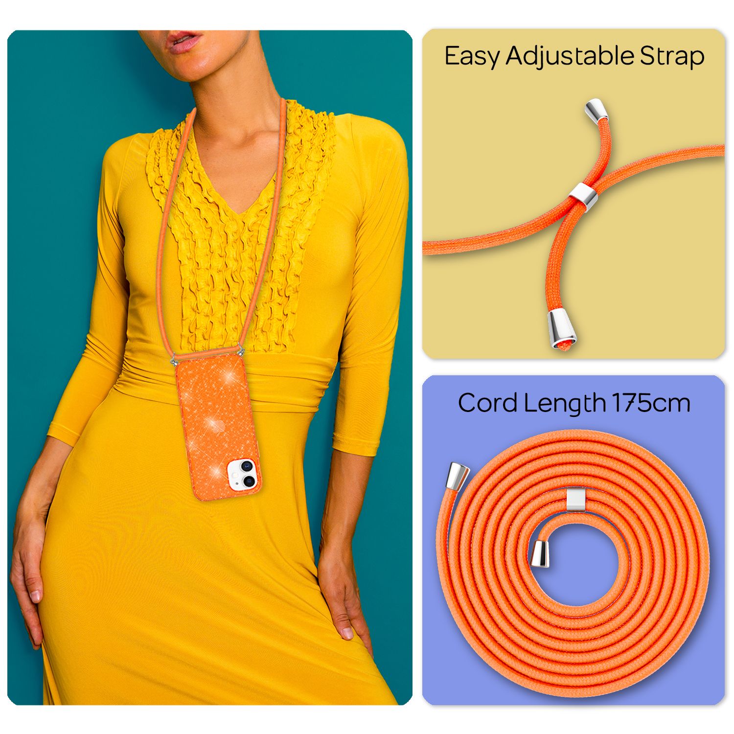 NALIA Glitzer Hülle mit Kette für iPhone 12 mini, Glitter Case Kordel Bling Etui Orange Glitzer NALIA Transparente Hülle