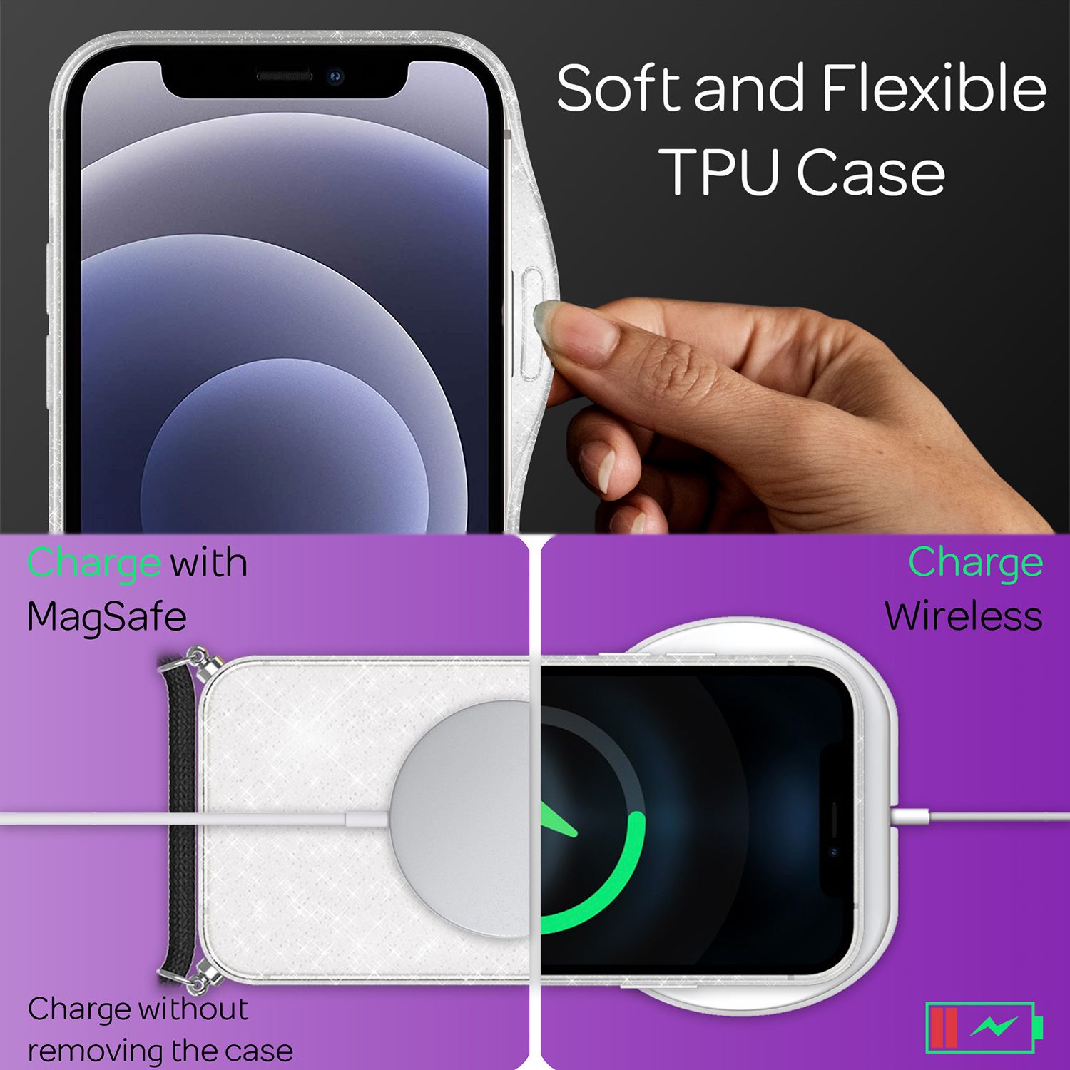 NALIA Glitzer Hülle mit Kette für iPhone 12 mini, Glitter Case Kordel Bling Etui Transparent Glitzer NALIA Transparente Hülle