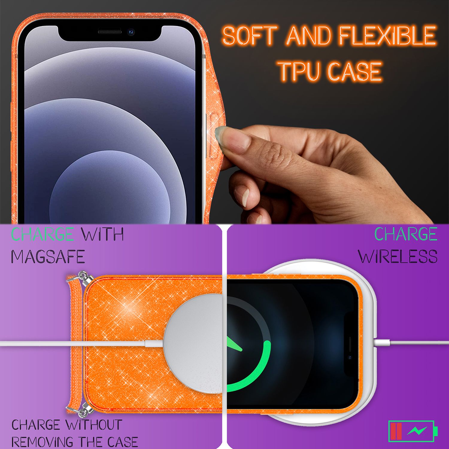 NALIA Glitzer Hülle mit Kette für iPhone 12 mini, Glitter Case Kordel Bling Etui Orange Glitzer NALIA Transparente Hülle