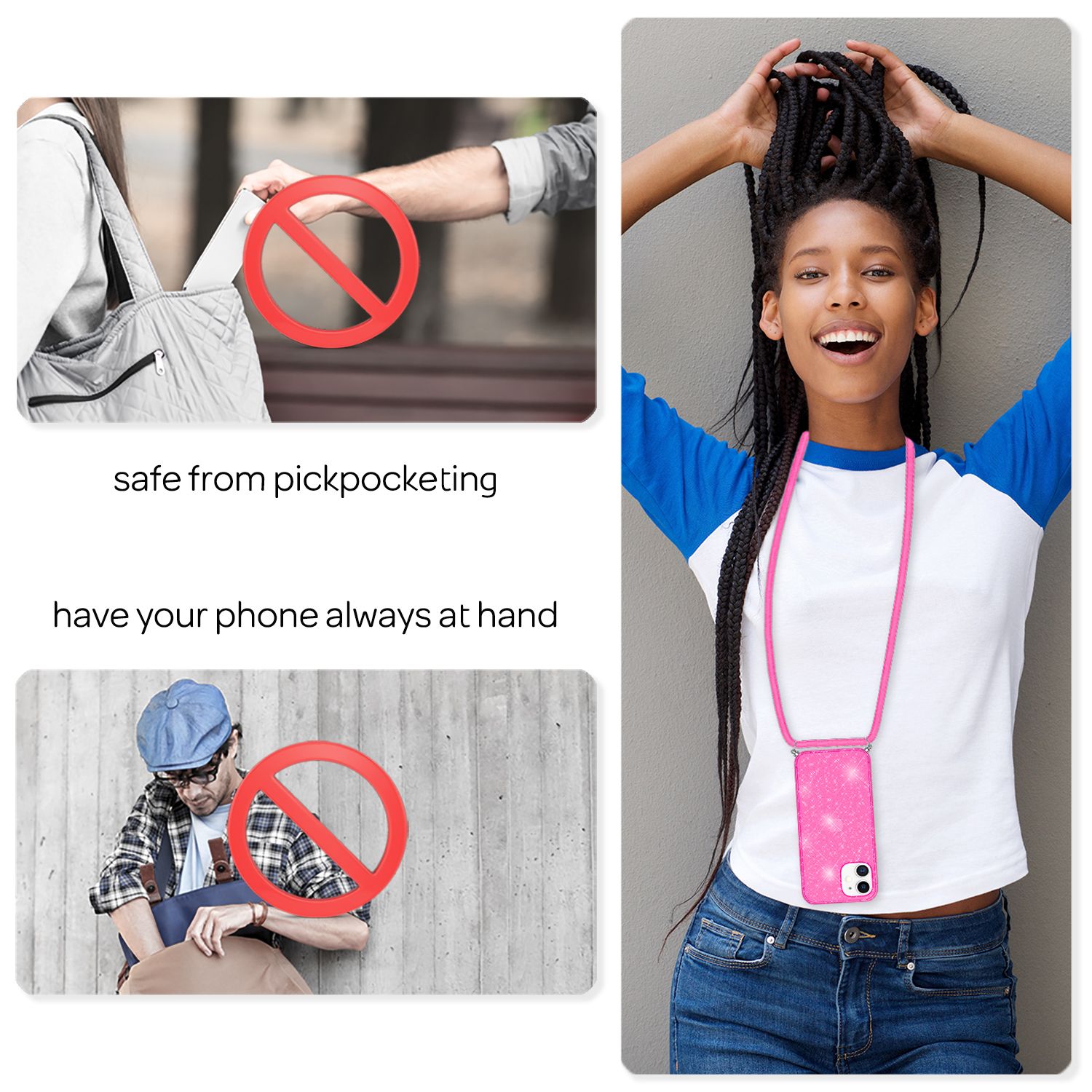 NALIA Glitzer Hülle mit Kette für iPhone 12 mini, Glitter Case Kordel Bling Etui Pink Glitzer NALIA Transparente Hülle