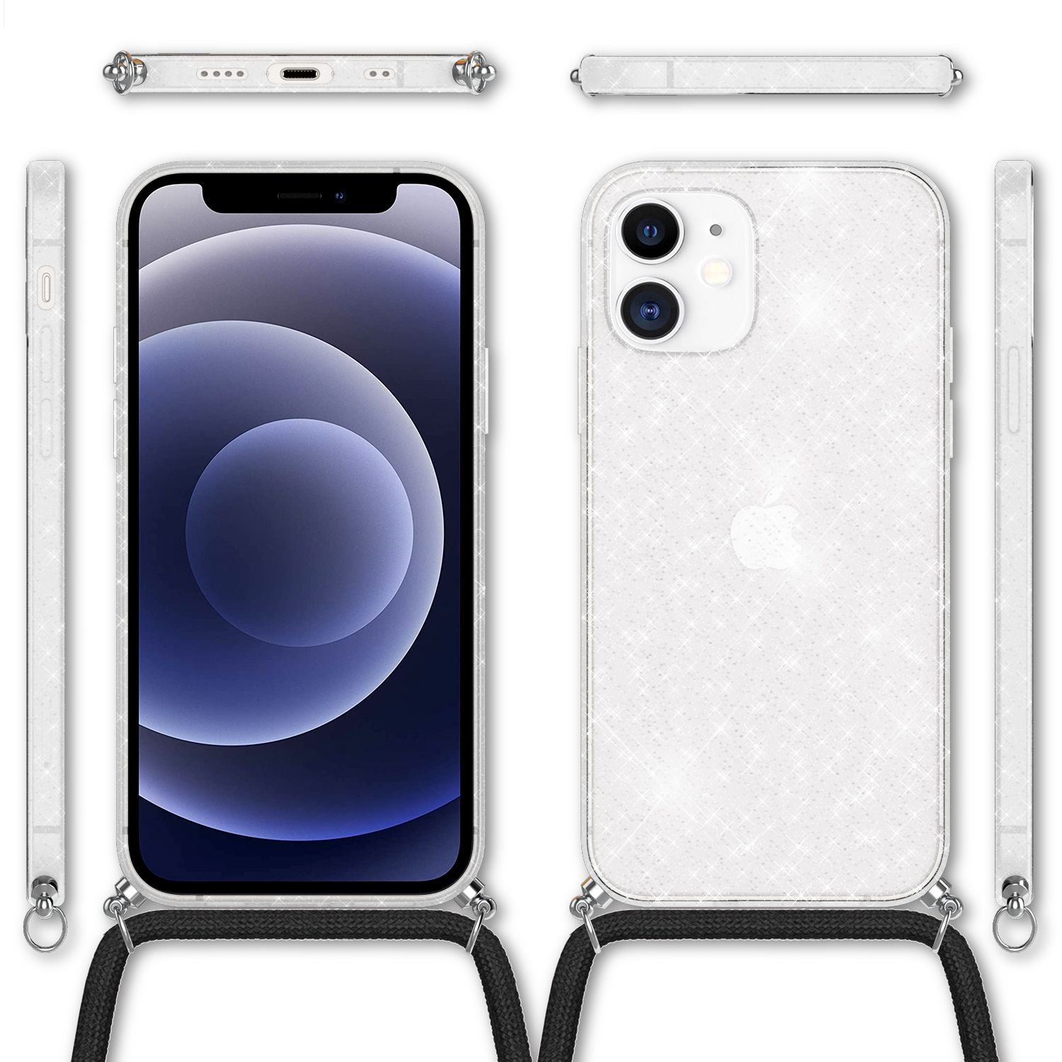NALIA Glitzer Hülle mit Kette für iPhone 12 mini, Glitter Case Kordel Bling Etui Transparent Glitzer NALIA Transparente Hülle