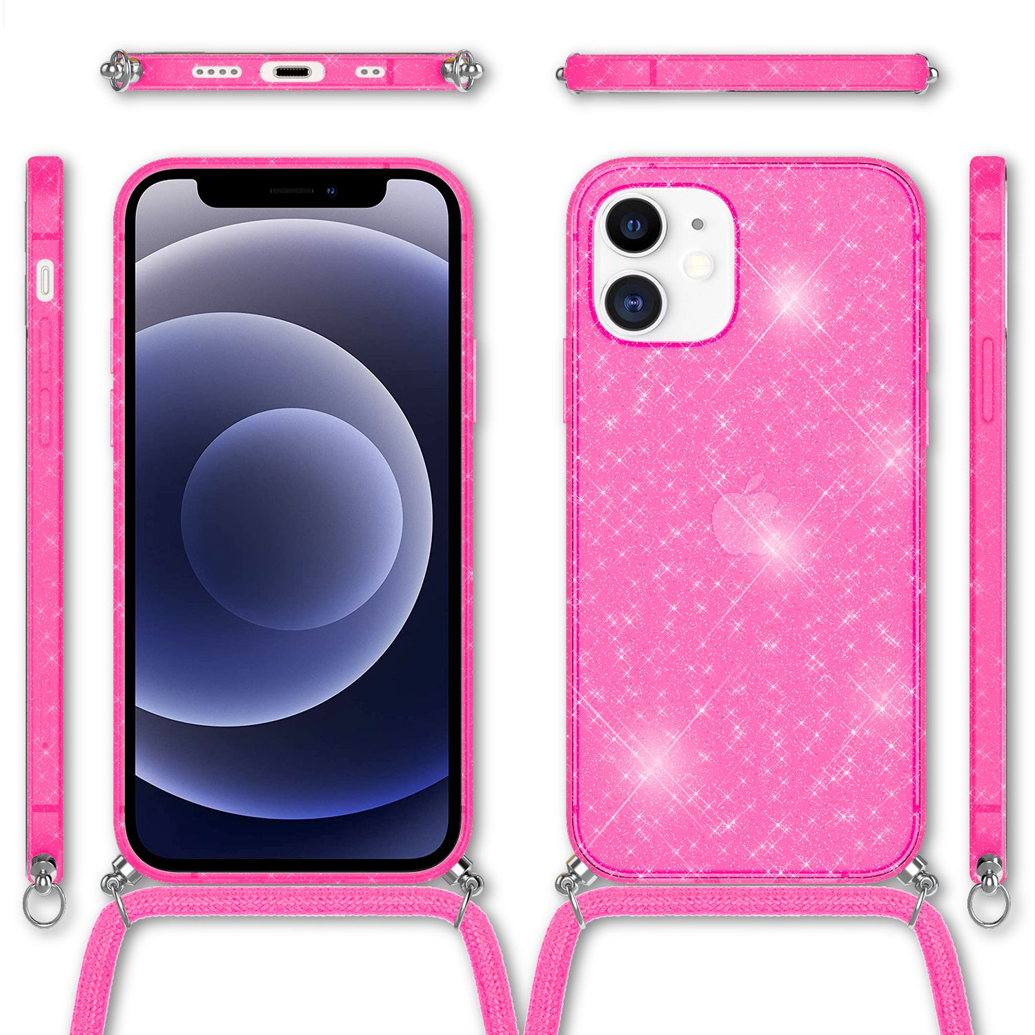NALIA Glitzer Hülle mit Kette für iPhone 12 mini, Glitter Case Kordel Bling Etui Pink Glitzer NALIA Transparente Hülle