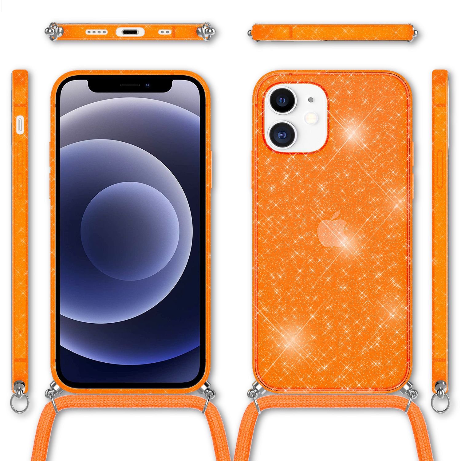 NALIA Glitzer Hülle mit Kette für iPhone 12 mini, Glitter Case Kordel Bling Etui Orange Glitzer NALIA Transparente Hülle