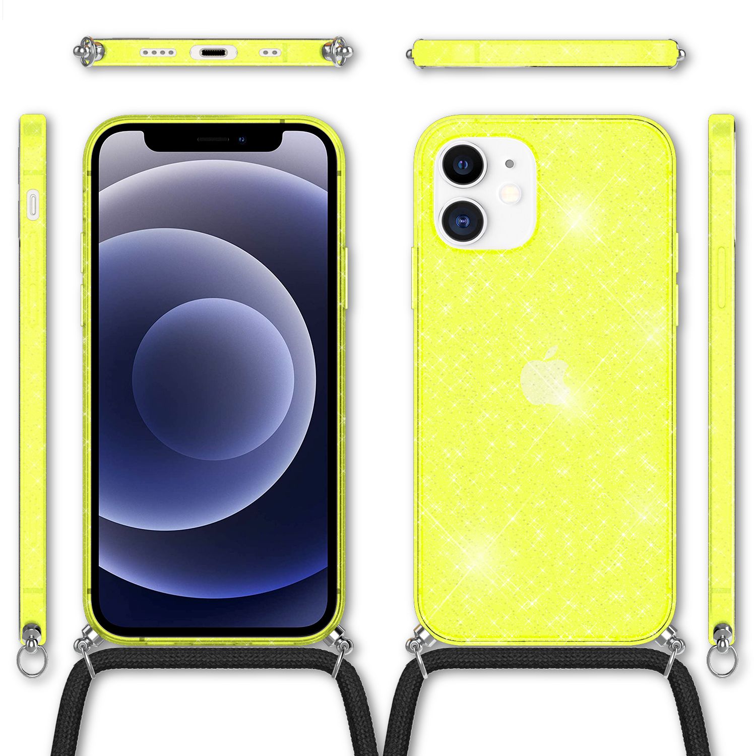NALIA Glitzer Hülle mit Kette für iPhone 12 mini, Glitter Case Kordel Bling Etui Gelb Glitzer NALIA Transparente Hülle