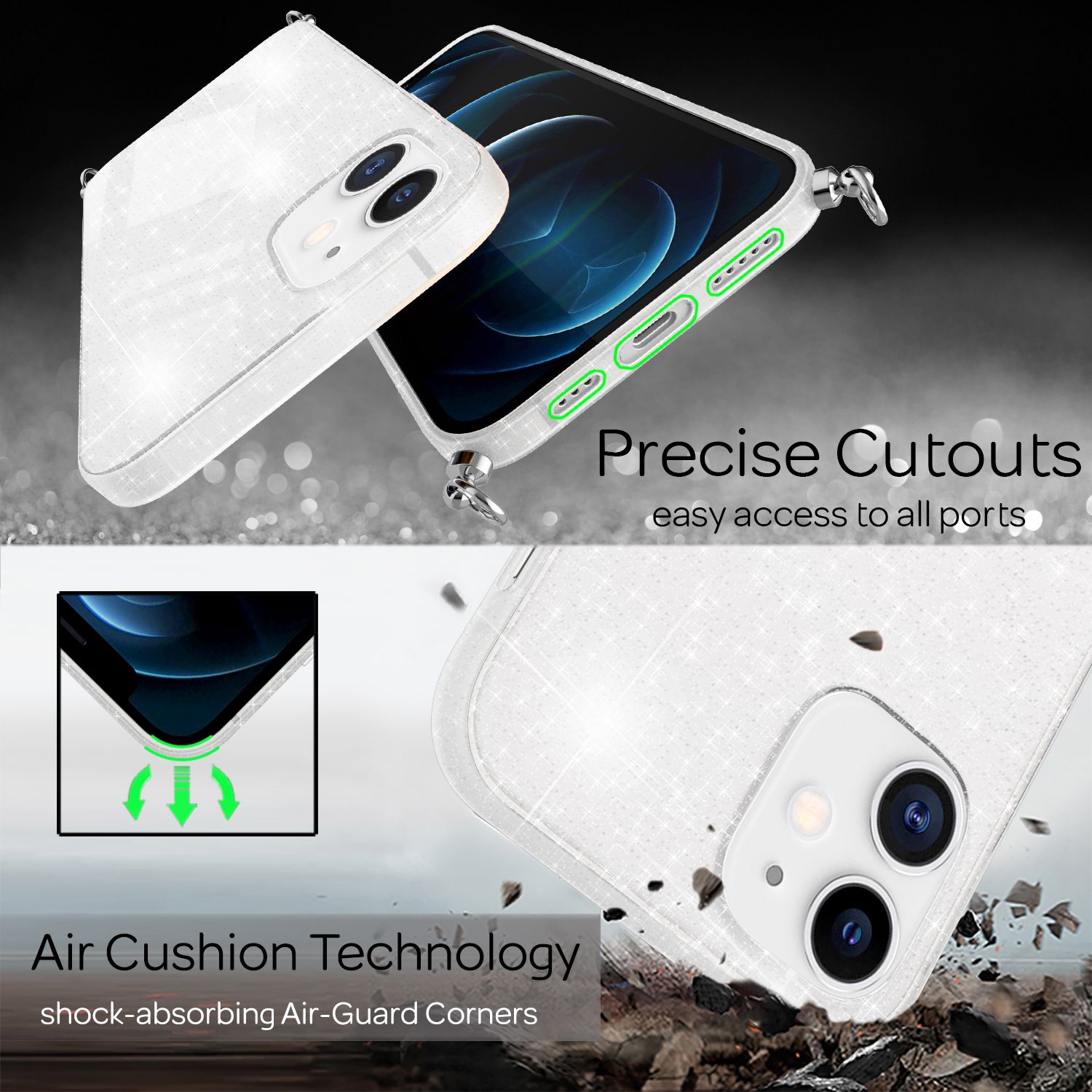 NALIA Glitzer Hülle mit Kette für iPhone 12 / 12 Pro, Glitter Case Kordel Cover Transparent Glitzer NALIA Transparente Hülle