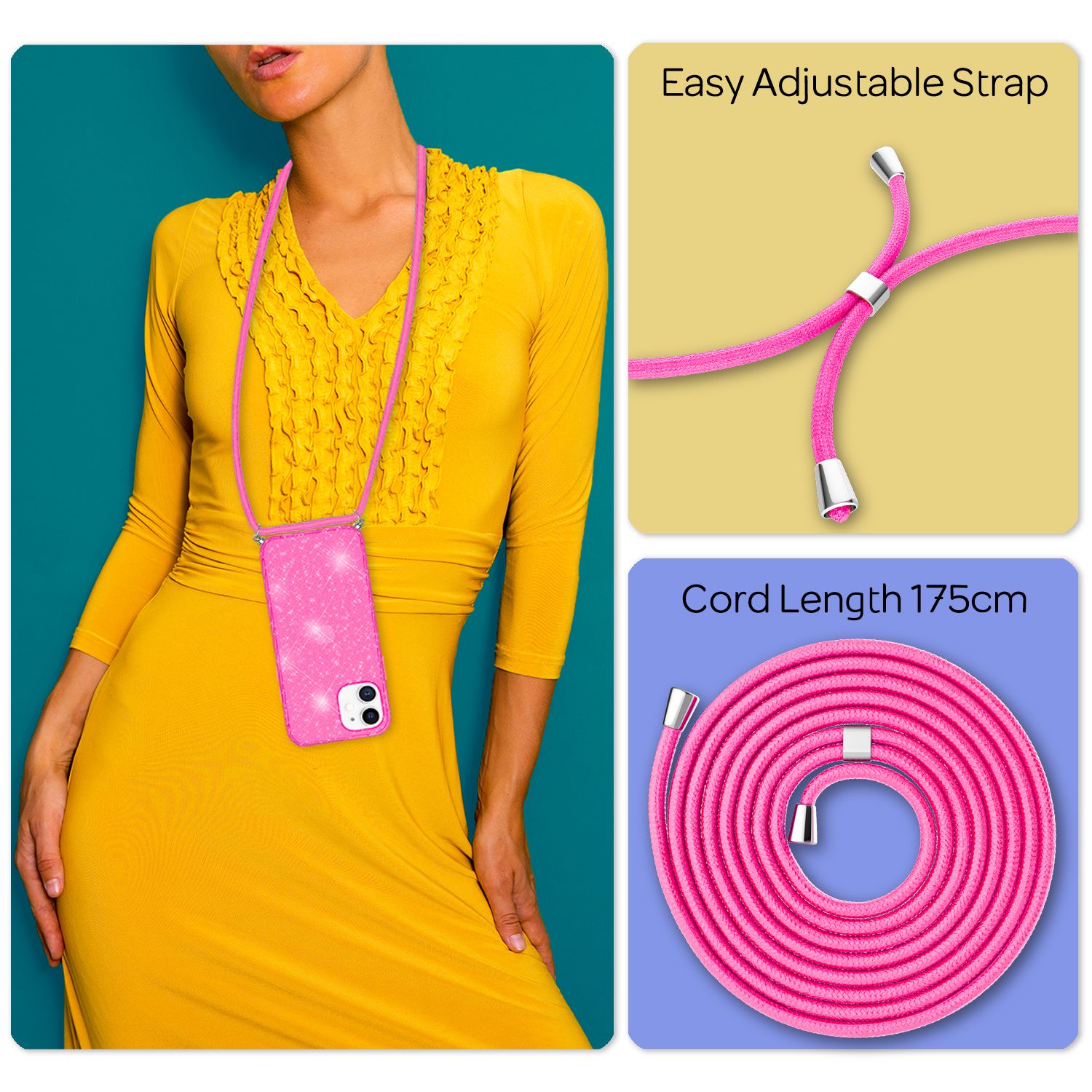 NALIA Glitzer Hülle mit Kette für iPhone 12 / 12 Pro, Glitter Case Kordel Cover Pink Glitzer NALIA Transparente Hülle