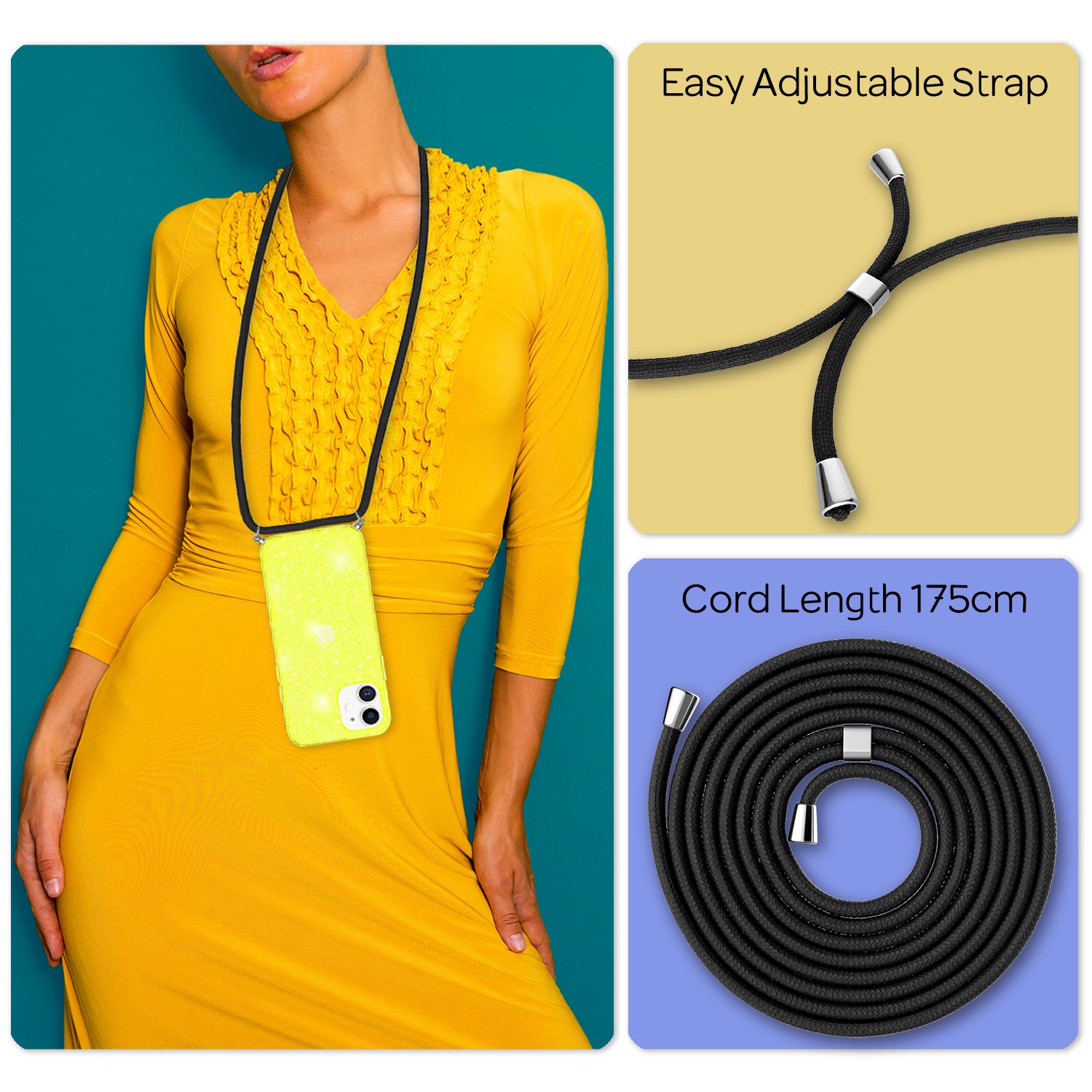 NALIA Glitzer Hülle mit Kette für iPhone 12 / 12 Pro, Glitter Case Kordel Cover Gelb Glitzer NALIA Transparente Hülle