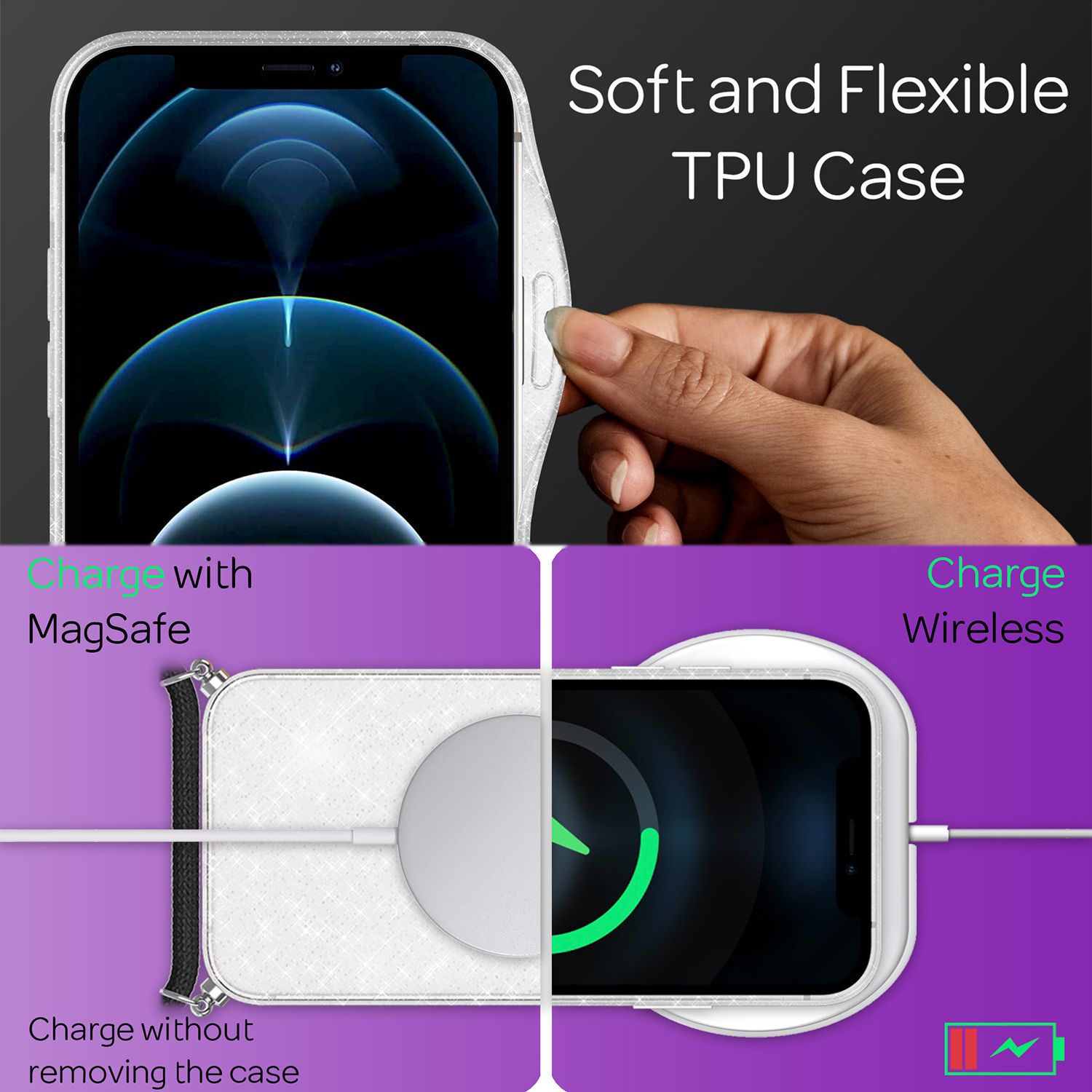 NALIA Glitzer Hülle mit Kette für iPhone 12 / 12 Pro, Glitter Case Kordel Cover Transparent Glitzer NALIA Transparente Hülle