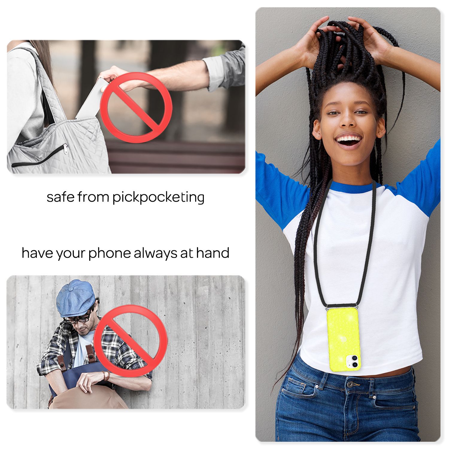 NALIA Glitzer Hülle mit Kette für iPhone 12 / 12 Pro, Glitter Case Kordel Cover Gelb Glitzer NALIA Transparente Hülle