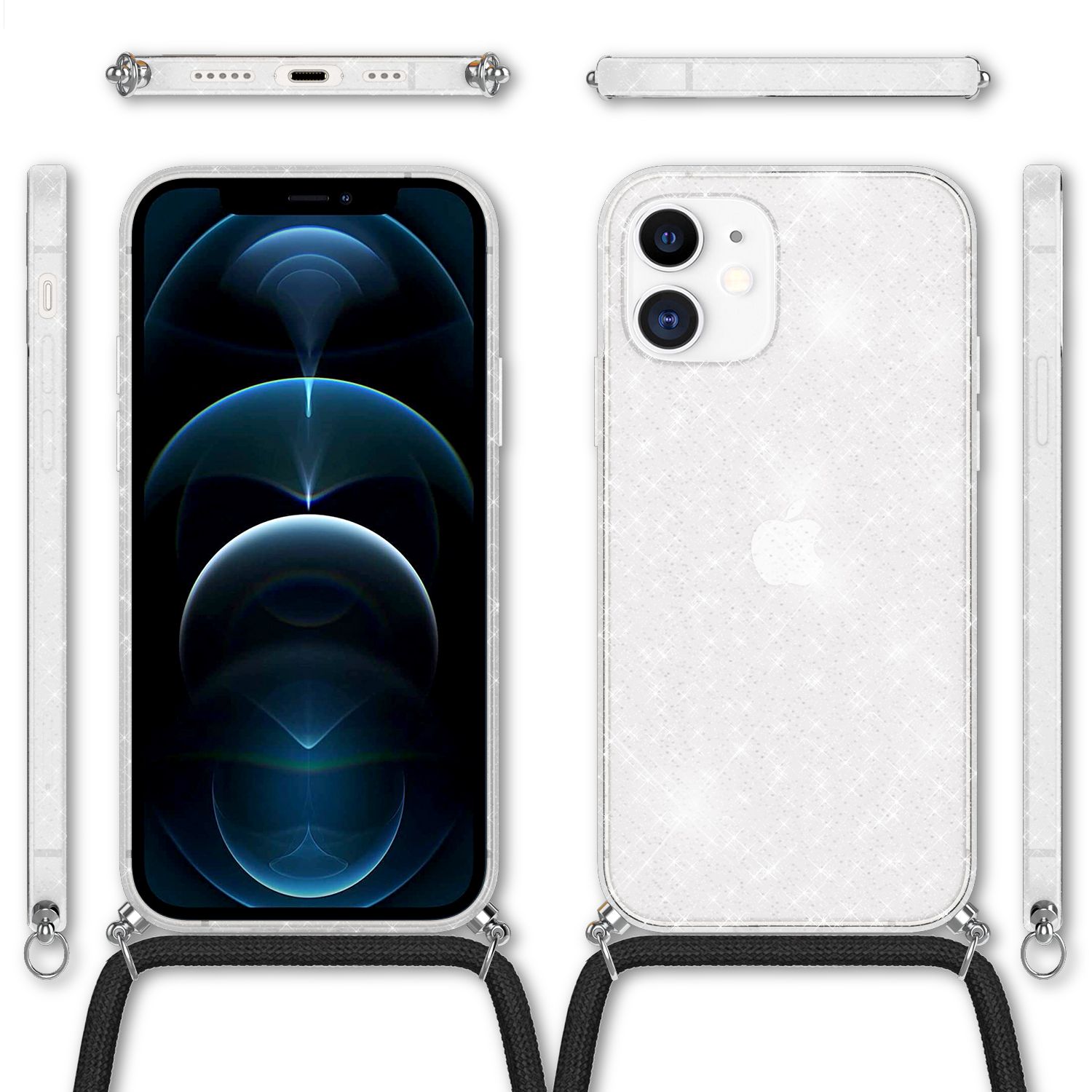 NALIA Glitzer Hülle mit Kette für iPhone 12 / 12 Pro, Glitter Case Kordel Cover Transparent Glitzer NALIA Transparente Hülle