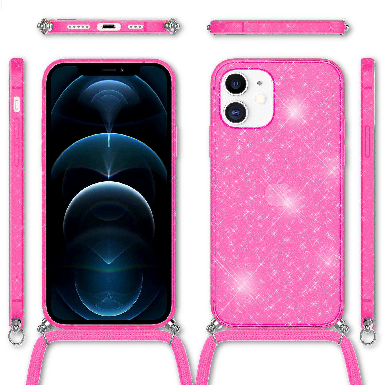 NALIA Glitzer Hülle mit Kette für iPhone 12 / 12 Pro, Glitter Case Kordel Cover Pink Glitzer NALIA Transparente Hülle