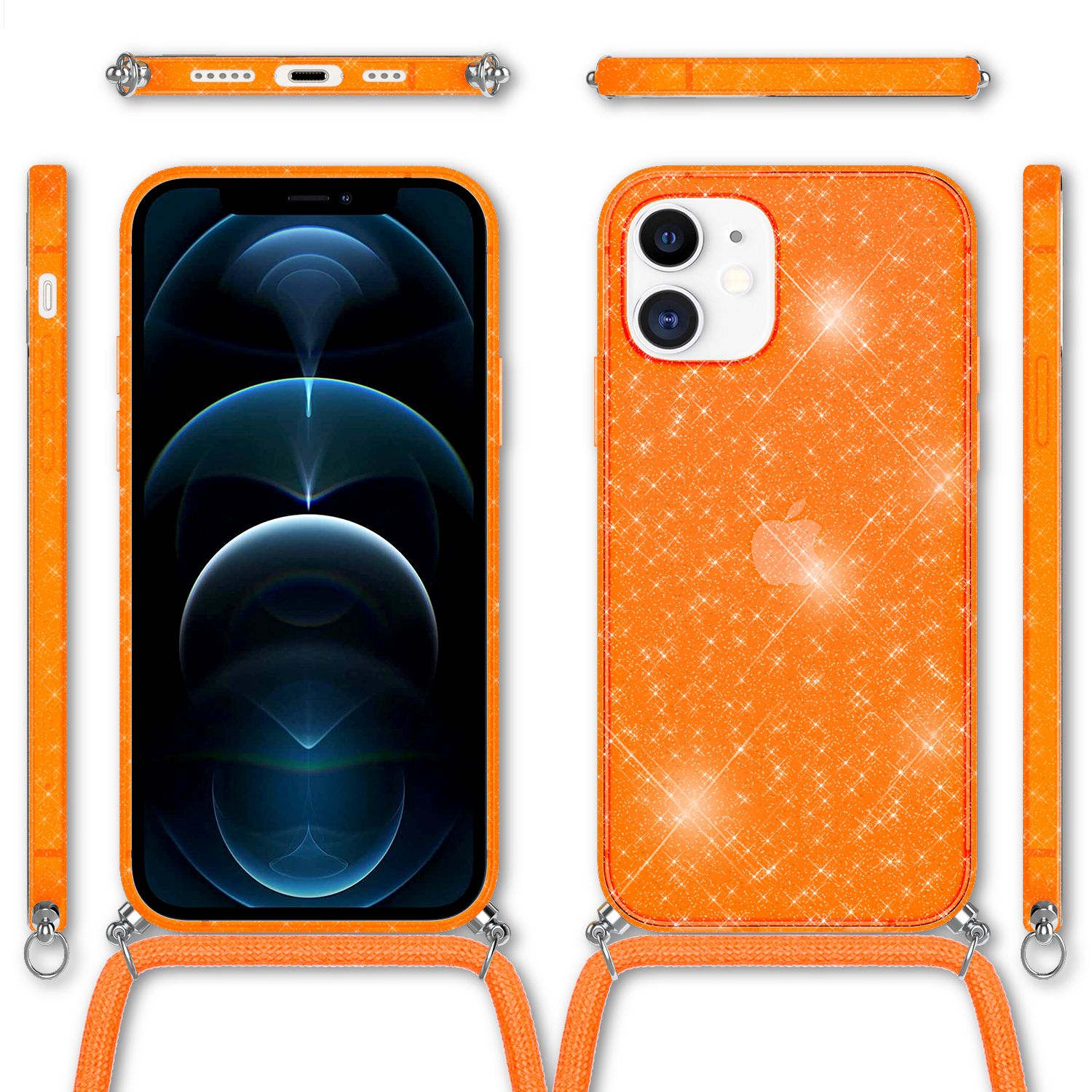 NALIA Glitzer Hülle mit Kette für iPhone 12 / 12 Pro, Glitter Case Kordel Cover Orange Glitzer NALIA Transparente Hülle