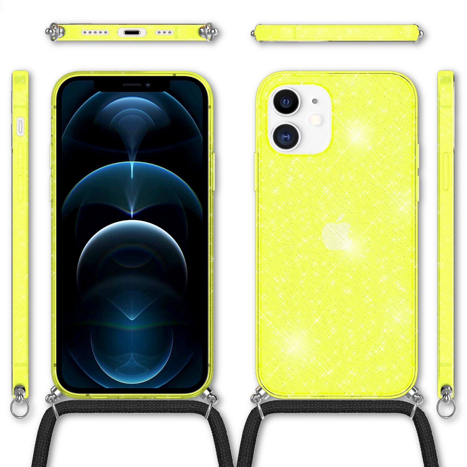 NALIA Glitzer Hülle mit Kette für iPhone 12 / 12 Pro, Glitter Case Kordel Cover Gelb Glitzer NALIA Transparente Hülle