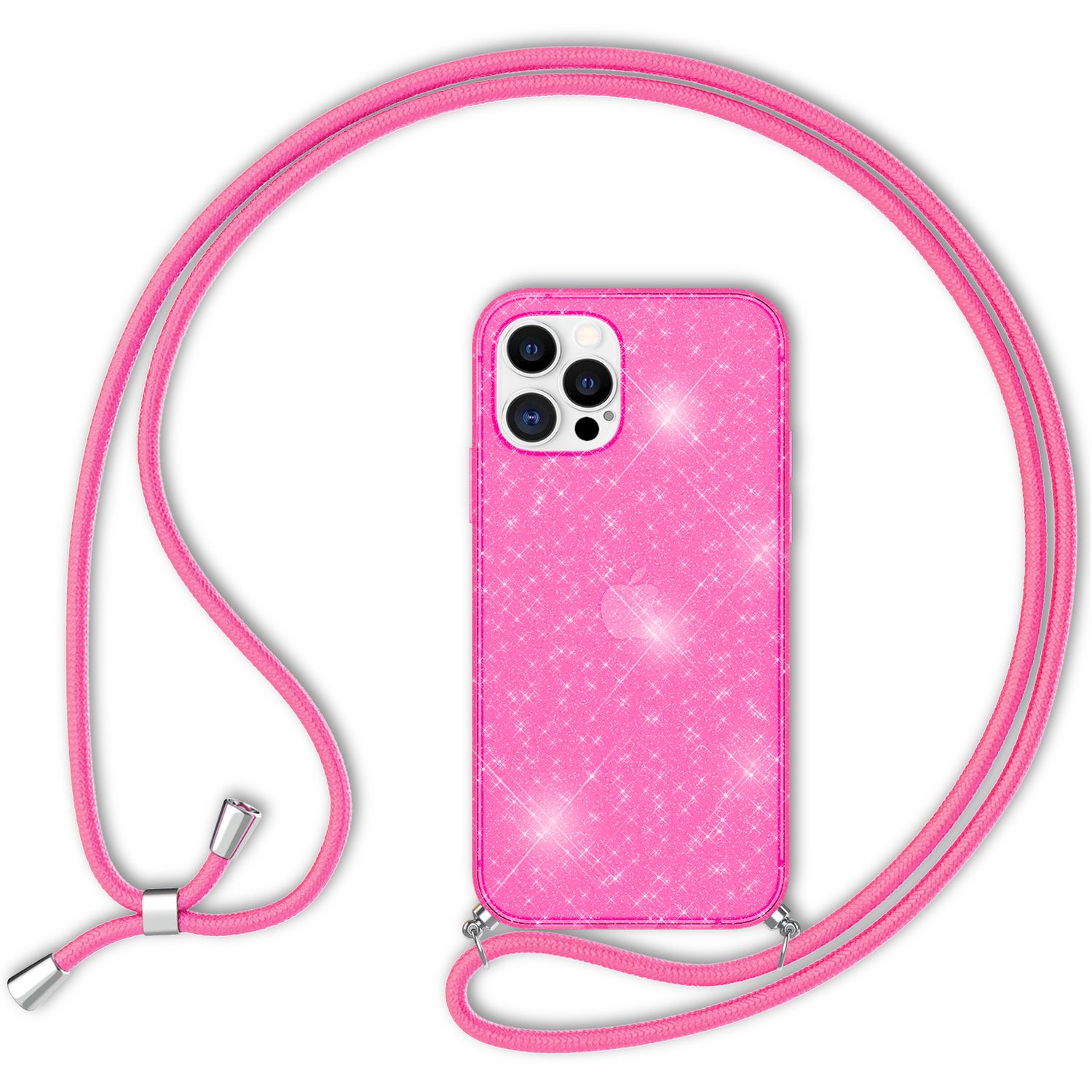 NALIA Glitzer Hülle mit Kette für iPhone 12 Pro Max, Glitter Case Kordel Cover Pink Glitzer NALIA Transparente Hülle