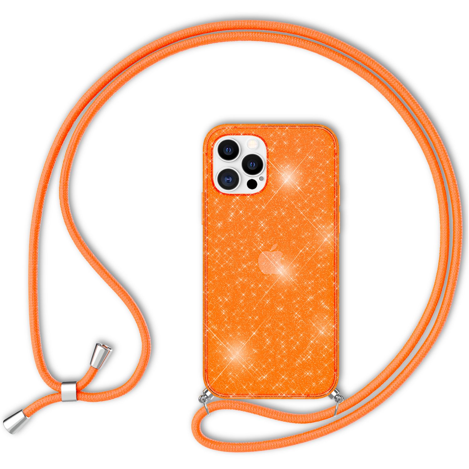 NALIA Glitzer Hülle mit Kette für iPhone 12 Pro Max, Glitter Case Kordel Cover Orange Glitzer NALIA Transparente Hülle