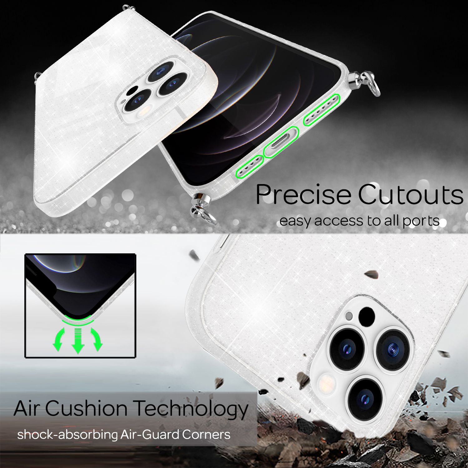 NALIA Glitzer Hülle mit Kette für iPhone 12 Pro Max, Glitter Case Kordel Cover Transparent Glitzer NALIA Transparente Hülle