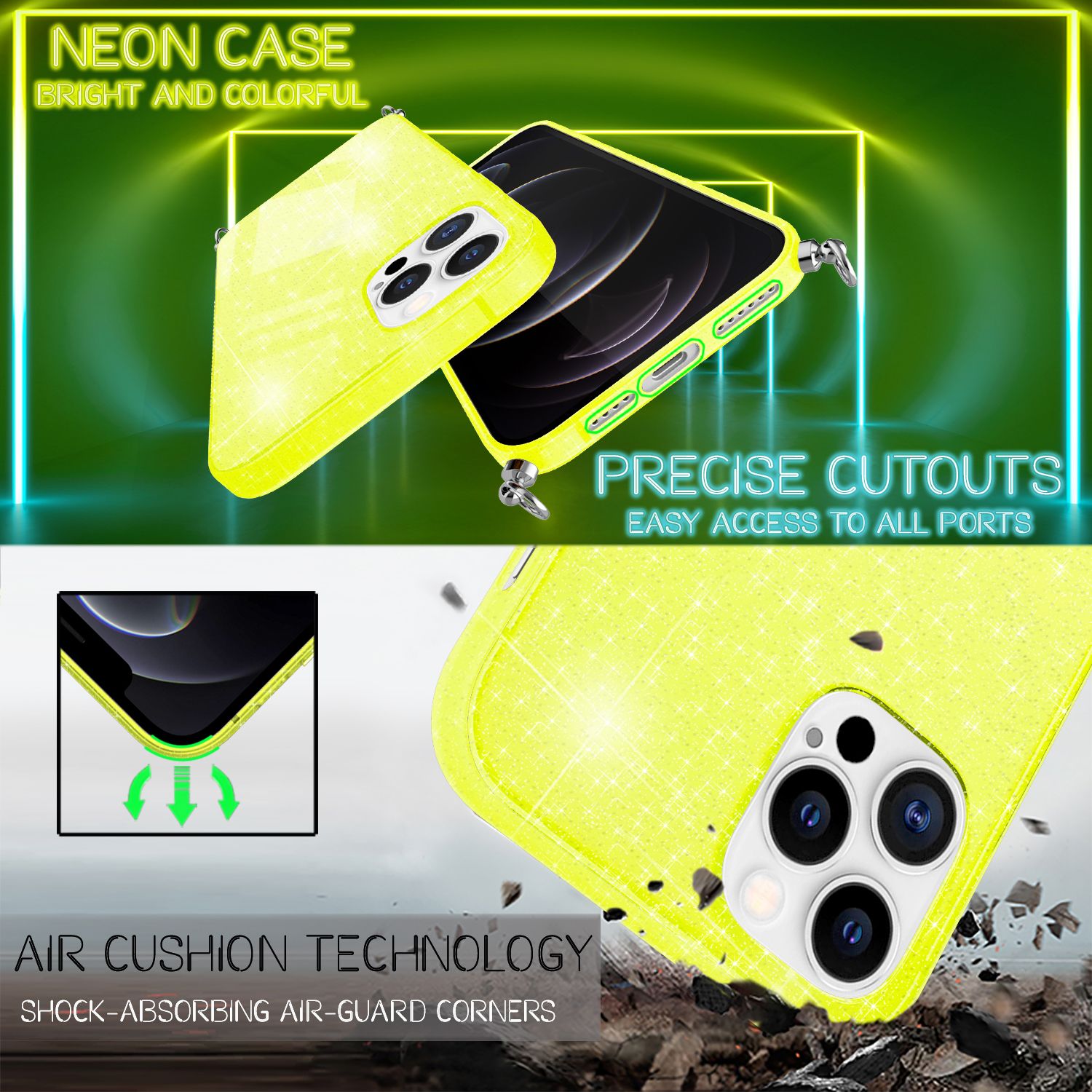 NALIA Glitzer Hülle mit Kette für iPhone 12 Pro Max, Glitter Case Kordel Cover Gelb Glitzer NALIA Transparente Hülle