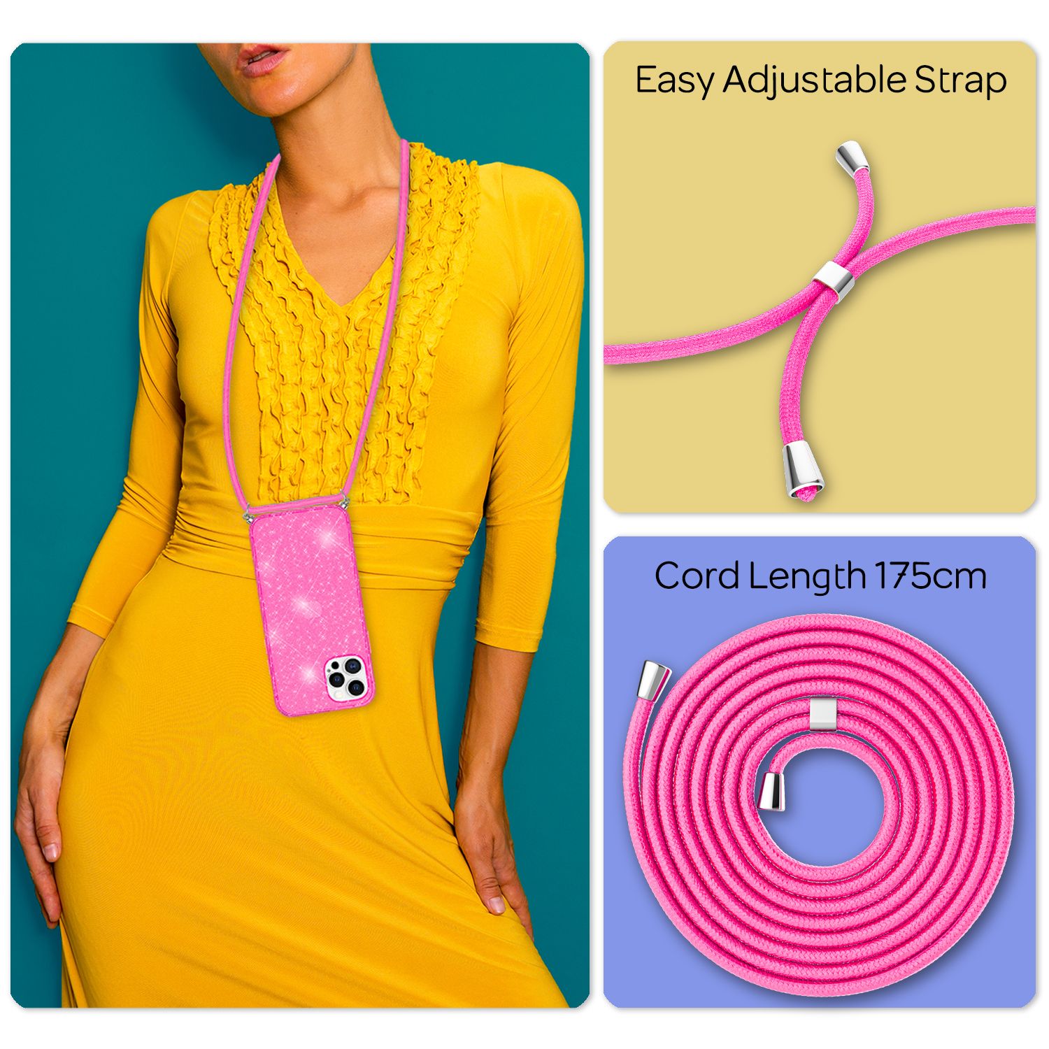 NALIA Glitzer Hülle mit Kette für iPhone 12 Pro Max, Glitter Case Kordel Cover Pink Glitzer NALIA Transparente Hülle