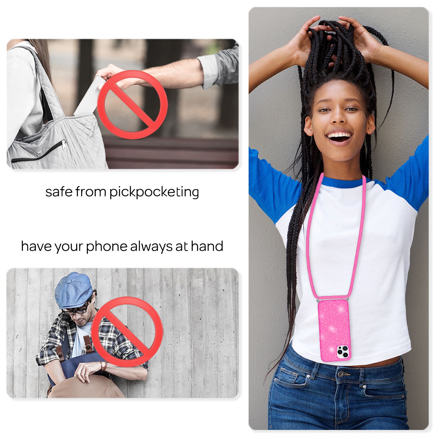 NALIA Glitzer Hülle mit Kette für iPhone 12 Pro Max, Glitter Case Kordel Cover Pink Glitzer NALIA Transparente Hülle