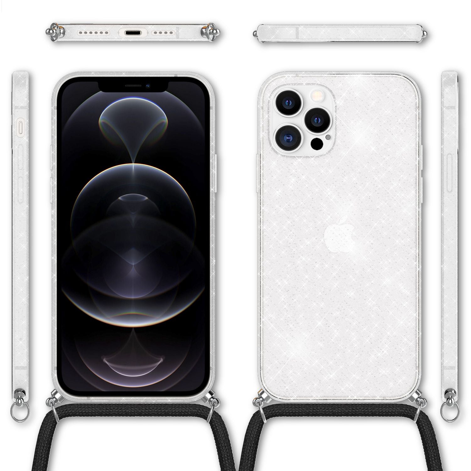 NALIA Glitzer Hülle mit Kette für iPhone 12 Pro Max, Glitter Case Kordel Cover Transparent Glitzer NALIA Transparente Hülle