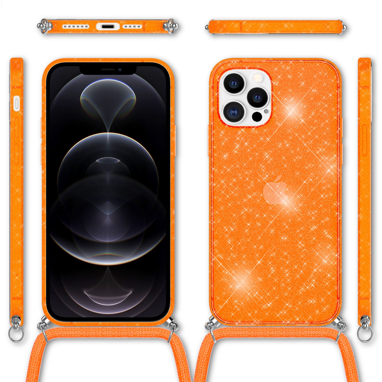 NALIA Glitzer Hülle mit Kette für iPhone 12 Pro Max, Glitter Case Kordel Cover Orange Glitzer NALIA Transparente Hülle