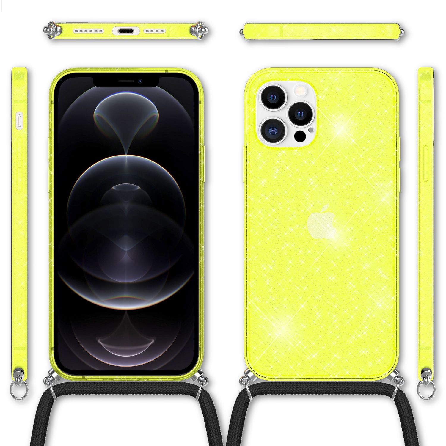 NALIA Glitzer Hülle mit Kette für iPhone 12 Pro Max, Glitter Case Kordel Cover Gelb Glitzer NALIA Transparente Hülle