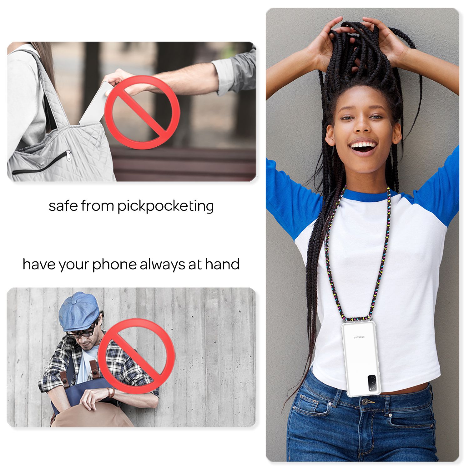 NALIA Samsung Galaxy S20 FE - Handy Hülle mit Kette Cover Schnur Kordel Case Schwarz Bunt NALIA Transparente Hülle