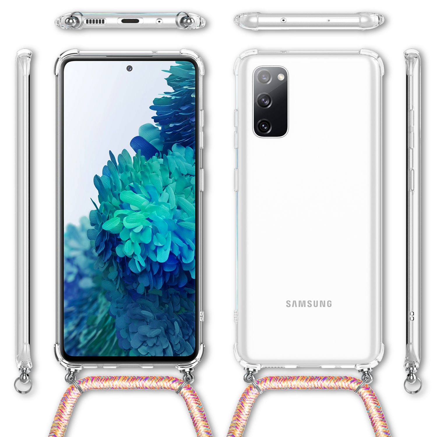 NALIA Samsung Galaxy S20 FE - Handy Hülle mit Kette Cover Schnur Kordel Case Regenbogen NALIA Transparente Hülle