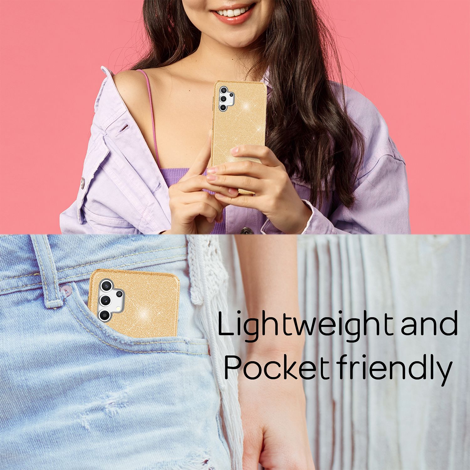 NALIA Glitzer Handy Hülle für Samsung Galaxy A32 5G, Silikon Cover Case Glänzend Gold NALIA Protective Hülle