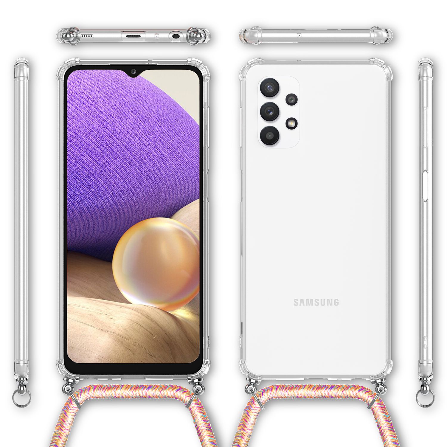 NALIA Handy Hülle mit Kette für Samsung Galaxy A32 5G, Transparente Schutzhülle Regenbogen NALIA Transparente Hülle