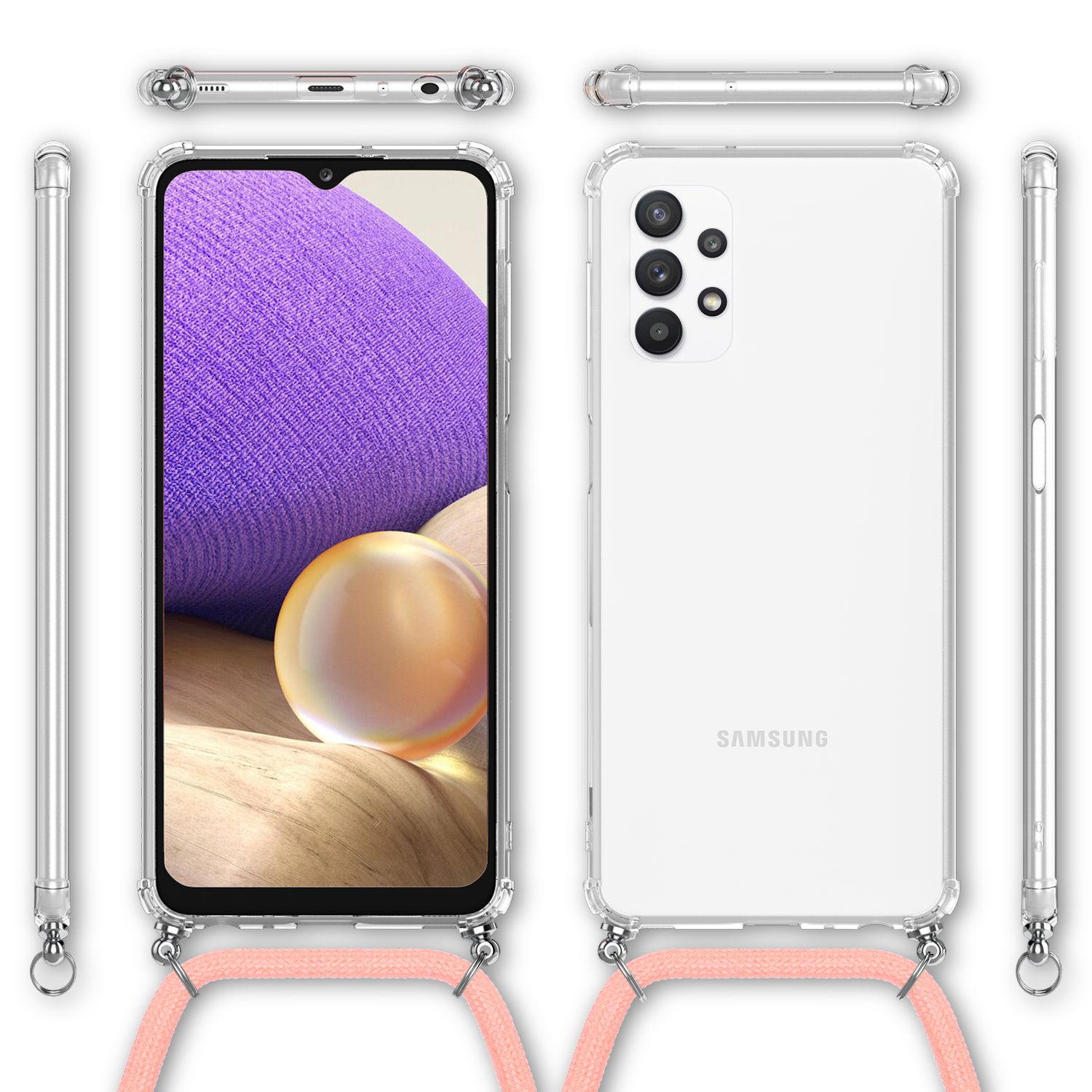 NALIA Handy Hülle mit Kette für Samsung Galaxy A32 5G, Transparente Schutzhülle Pink NALIA Transparente Hülle