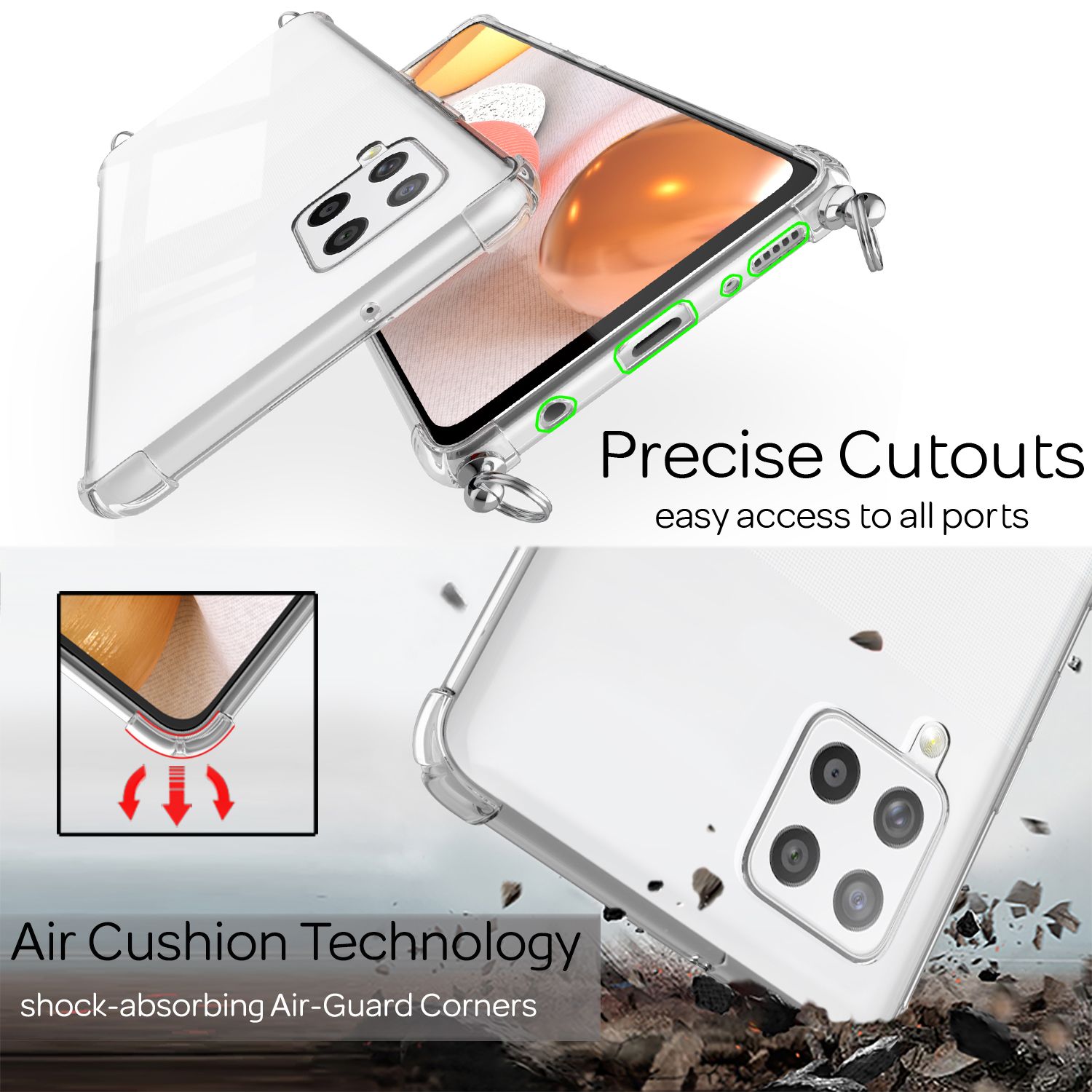 NALIA Handy Hülle mit Kette für Samsung Galaxy A42 5G, Transparent Cover Case Schwarz NALIA Transparente Hülle